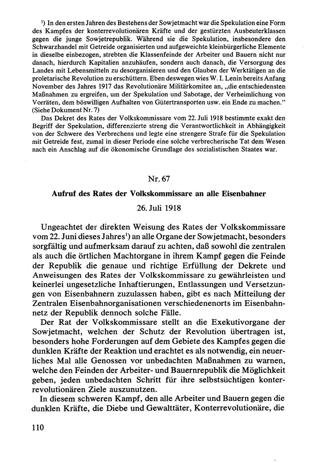 Lenin und die Gesamtrussische Tscheka, Dokumentensammlung, Ministerium für Staatssicherheit (MfS) [Deutsche Demokratische Republik (DDR)], Juristische Hochschule (JHS) Potsdam 1977, Seite 110 (Tscheka Dok. MfS DDR 1977, S. 110)