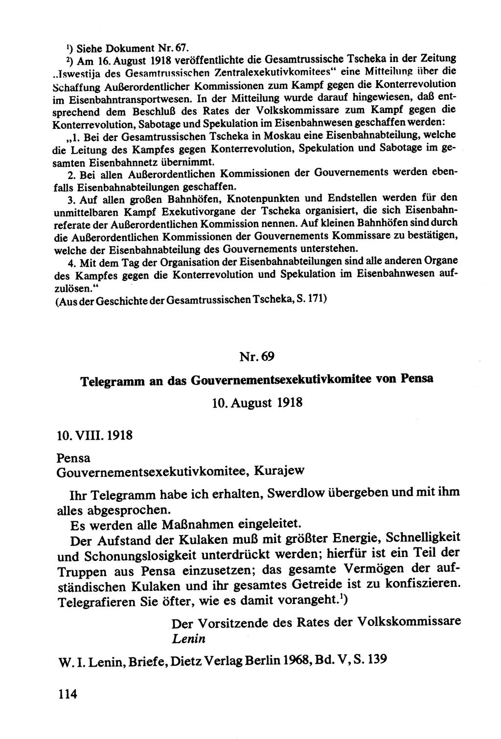 Lenin und die Gesamtrussische Tscheka, Dokumentensammlung, Ministerium für Staatssicherheit (MfS) [Deutsche Demokratische Republik (DDR)], Juristische Hochschule (JHS) Potsdam 1977, Seite 114 (Tscheka Dok. MfS DDR 1977, S. 114)