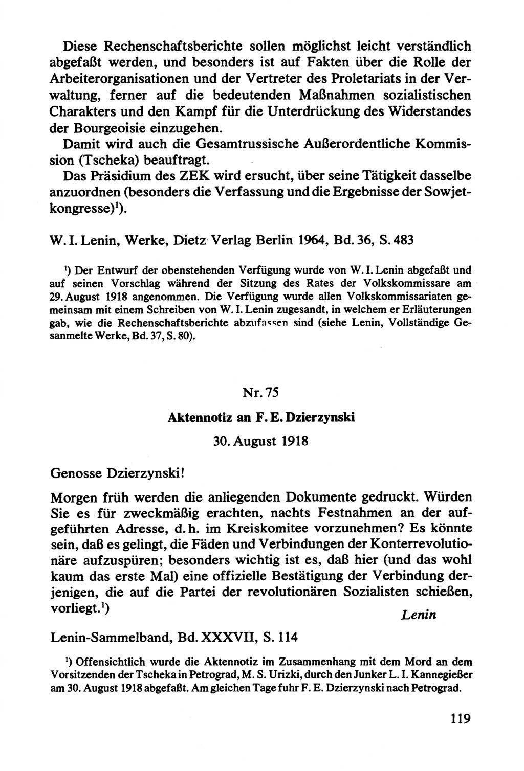 Lenin und die Gesamtrussische Tscheka, Dokumentensammlung, Ministerium für Staatssicherheit (MfS) [Deutsche Demokratische Republik (DDR)], Juristische Hochschule (JHS) Potsdam 1977, Seite 119 (Tscheka Dok. MfS DDR 1977, S. 119)