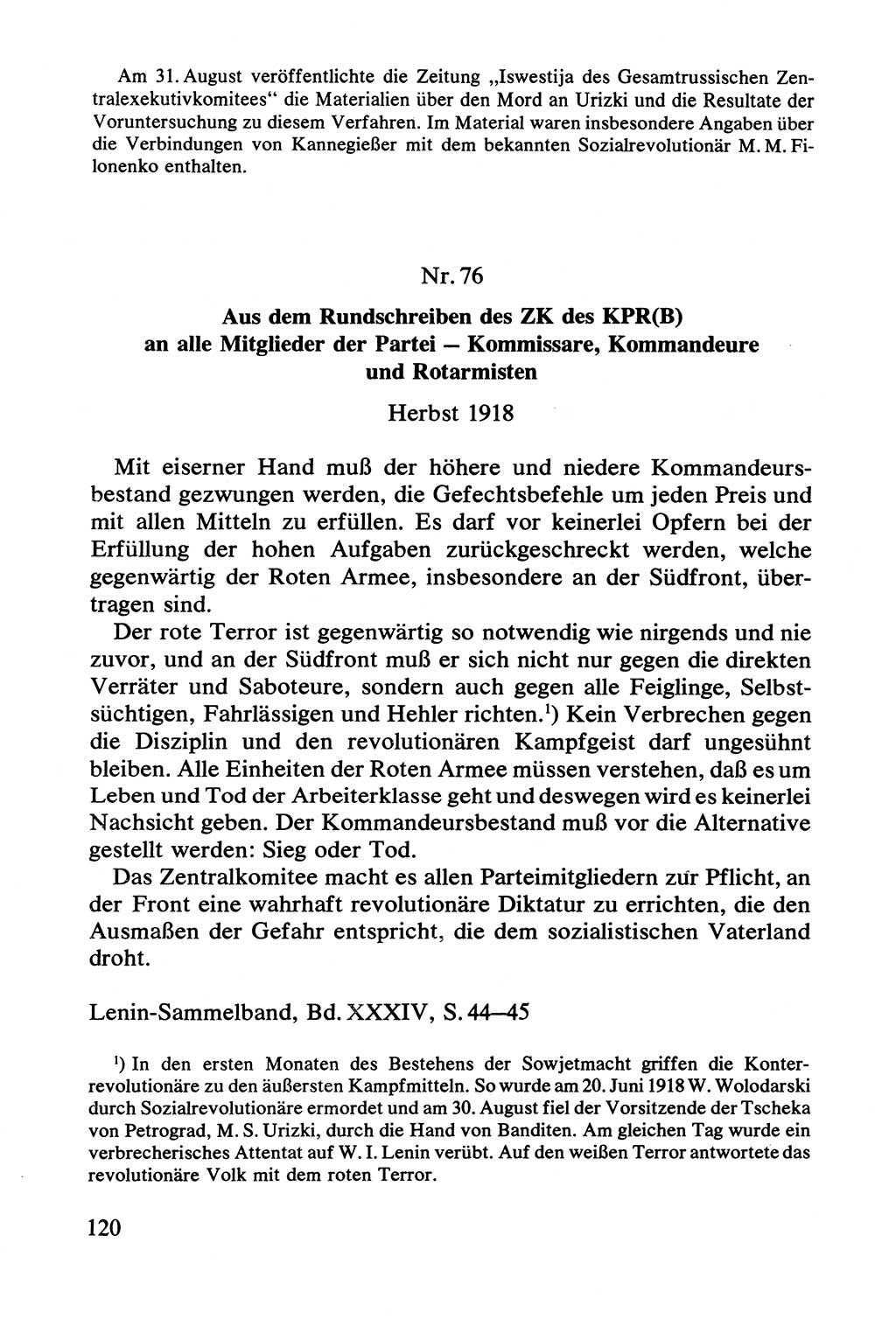 Lenin und die Gesamtrussische Tscheka, Dokumentensammlung, Ministerium für Staatssicherheit (MfS) [Deutsche Demokratische Republik (DDR)], Juristische Hochschule (JHS) Potsdam 1977, Seite 120 (Tscheka Dok. MfS DDR 1977, S. 120)