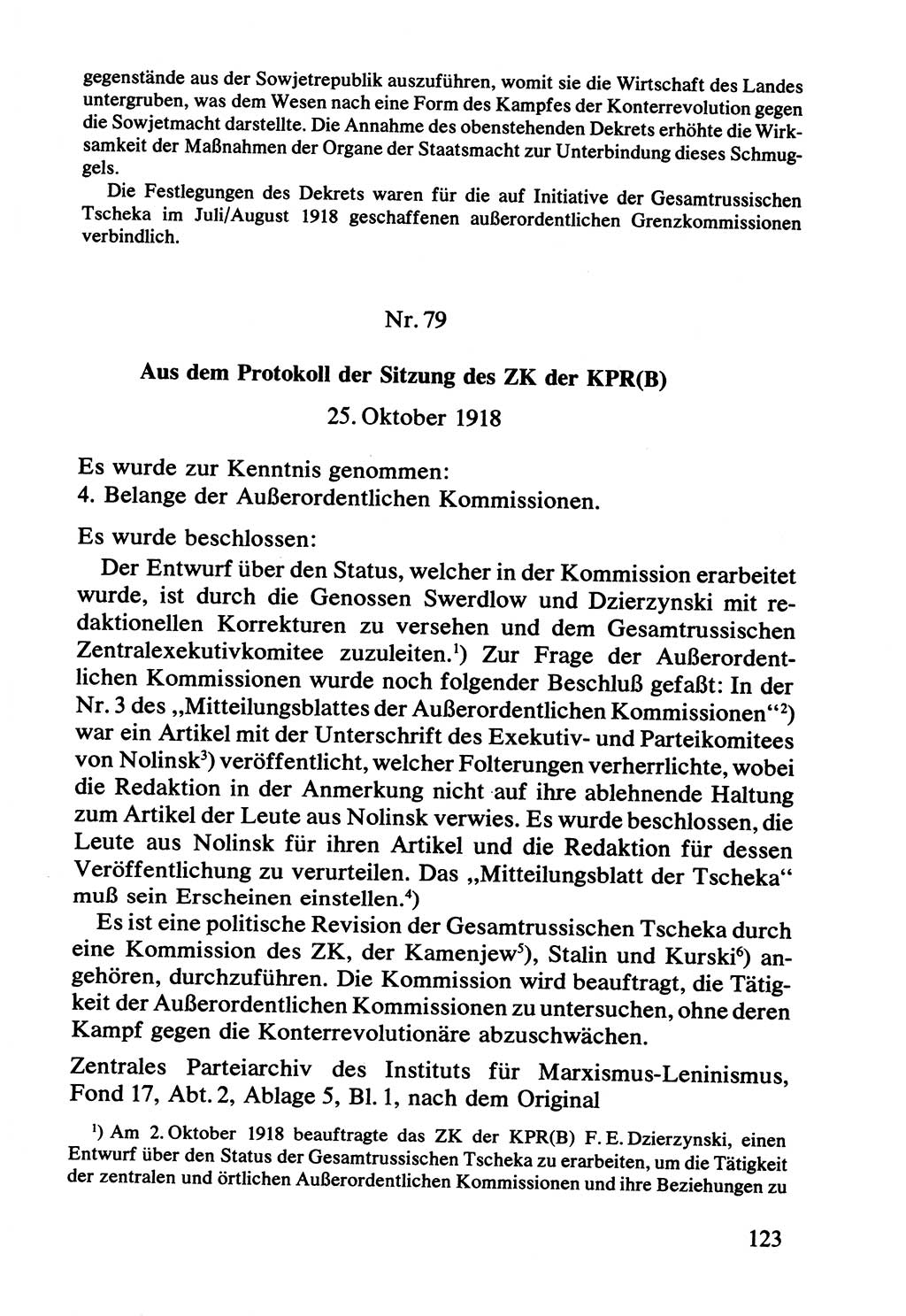 Lenin und die Gesamtrussische Tscheka, Dokumentensammlung, Ministerium für Staatssicherheit (MfS) [Deutsche Demokratische Republik (DDR)], Juristische Hochschule (JHS) Potsdam 1977, Seite 123 (Tscheka Dok. MfS DDR 1977, S. 123)