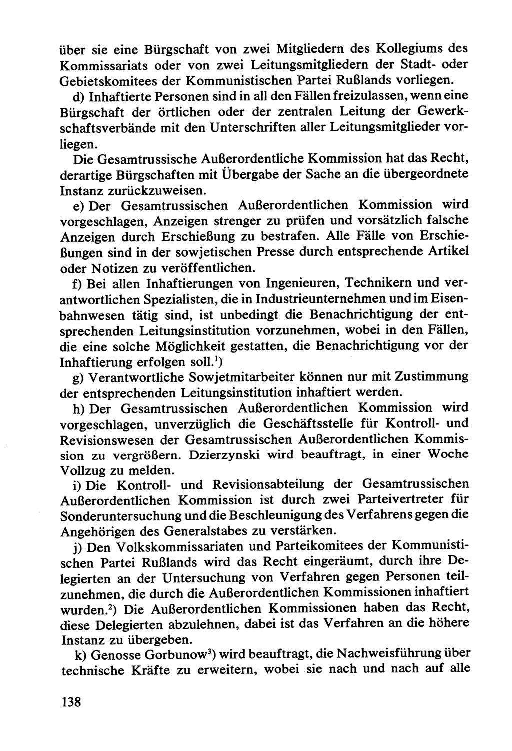 Lenin und die Gesamtrussische Tscheka, Dokumentensammlung, Ministerium für Staatssicherheit (MfS) [Deutsche Demokratische Republik (DDR)], Juristische Hochschule (JHS) Potsdam 1977, Seite 138 (Tscheka Dok. MfS DDR 1977, S. 138)