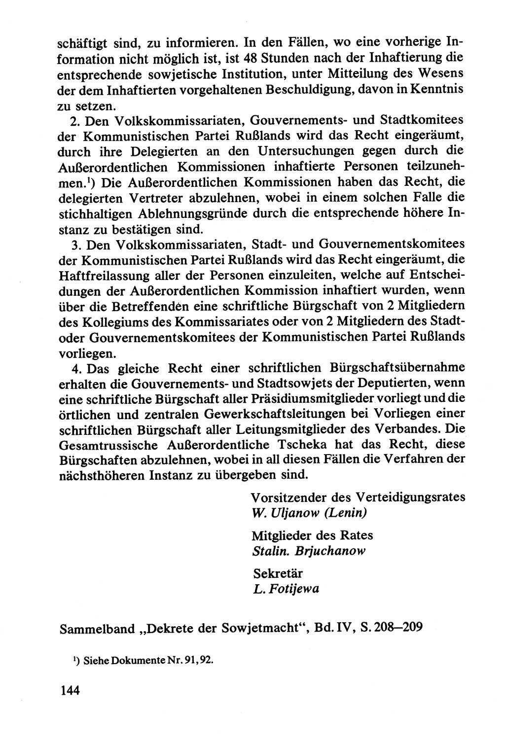 Lenin und die Gesamtrussische Tscheka, Dokumentensammlung, Ministerium für Staatssicherheit (MfS) [Deutsche Demokratische Republik (DDR)], Juristische Hochschule (JHS) Potsdam 1977, Seite 144 (Tscheka Dok. MfS DDR 1977, S. 144)