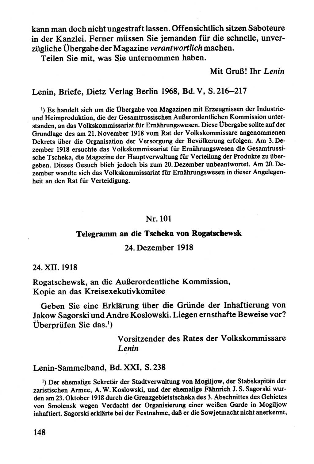 Lenin und die Gesamtrussische Tscheka, Dokumentensammlung, Ministerium für Staatssicherheit (MfS) [Deutsche Demokratische Republik (DDR)], Juristische Hochschule (JHS) Potsdam 1977, Seite 148 (Tscheka Dok. MfS DDR 1977, S. 148)