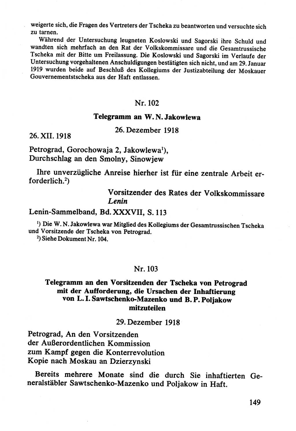 Lenin und die Gesamtrussische Tscheka, Dokumentensammlung, Ministerium für Staatssicherheit (MfS) [Deutsche Demokratische Republik (DDR)], Juristische Hochschule (JHS) Potsdam 1977, Seite 149 (Tscheka Dok. MfS DDR 1977, S. 149)