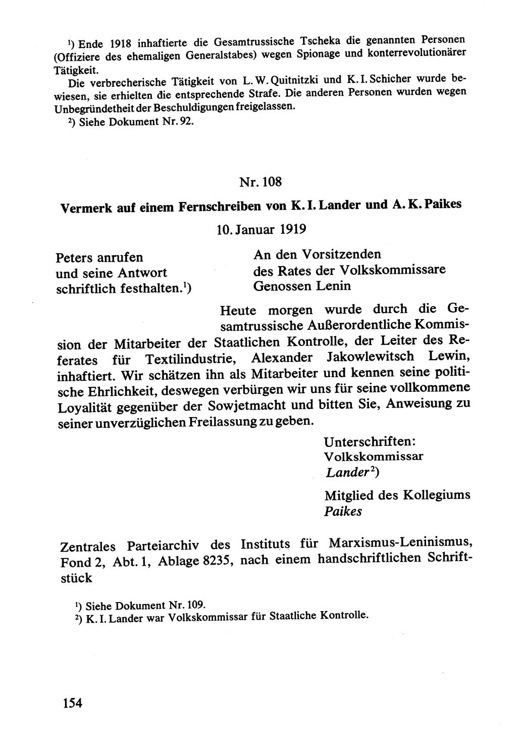 Lenin und die Gesamtrussische Tscheka, Dokumentensammlung, Ministerium für Staatssicherheit (MfS) [Deutsche Demokratische Republik (DDR)], Juristische Hochschule (JHS) Potsdam 1977, Seite 154 (Tscheka Dok. MfS DDR 1977, S. 154)