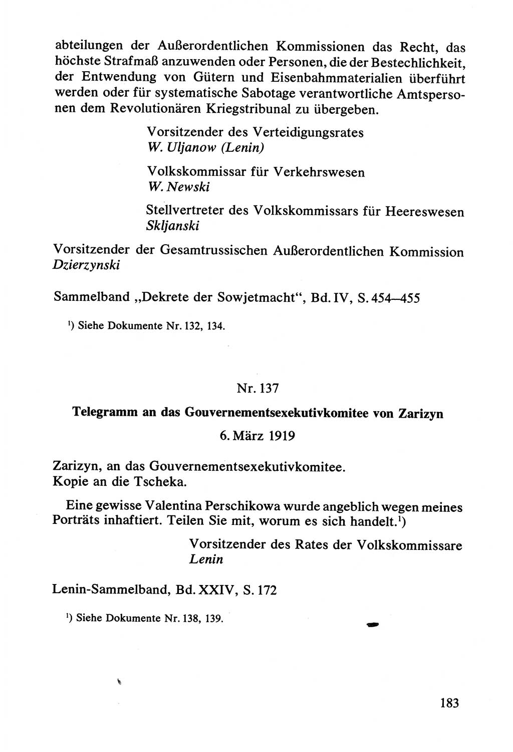 Lenin und die Gesamtrussische Tscheka, Dokumentensammlung, Ministerium für Staatssicherheit (MfS) [Deutsche Demokratische Republik (DDR)], Juristische Hochschule (JHS) Potsdam 1977, Seite 183 (Tscheka Dok. MfS DDR 1977, S. 183)