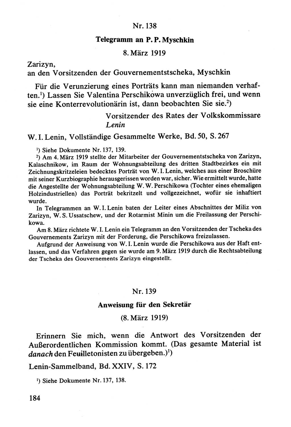 Lenin und die Gesamtrussische Tscheka, Dokumentensammlung, Ministerium für Staatssicherheit (MfS) [Deutsche Demokratische Republik (DDR)], Juristische Hochschule (JHS) Potsdam 1977, Seite 184 (Tscheka Dok. MfS DDR 1977, S. 184)