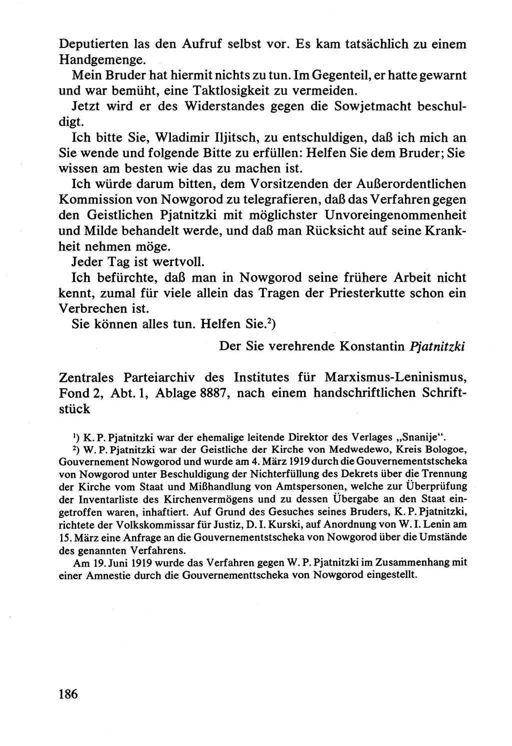 Lenin und die Gesamtrussische Tscheka, Dokumentensammlung, Ministerium für Staatssicherheit (MfS) [Deutsche Demokratische Republik (DDR)], Juristische Hochschule (JHS) Potsdam 1977, Seite 186 (Tscheka Dok. MfS DDR 1977, S. 186)