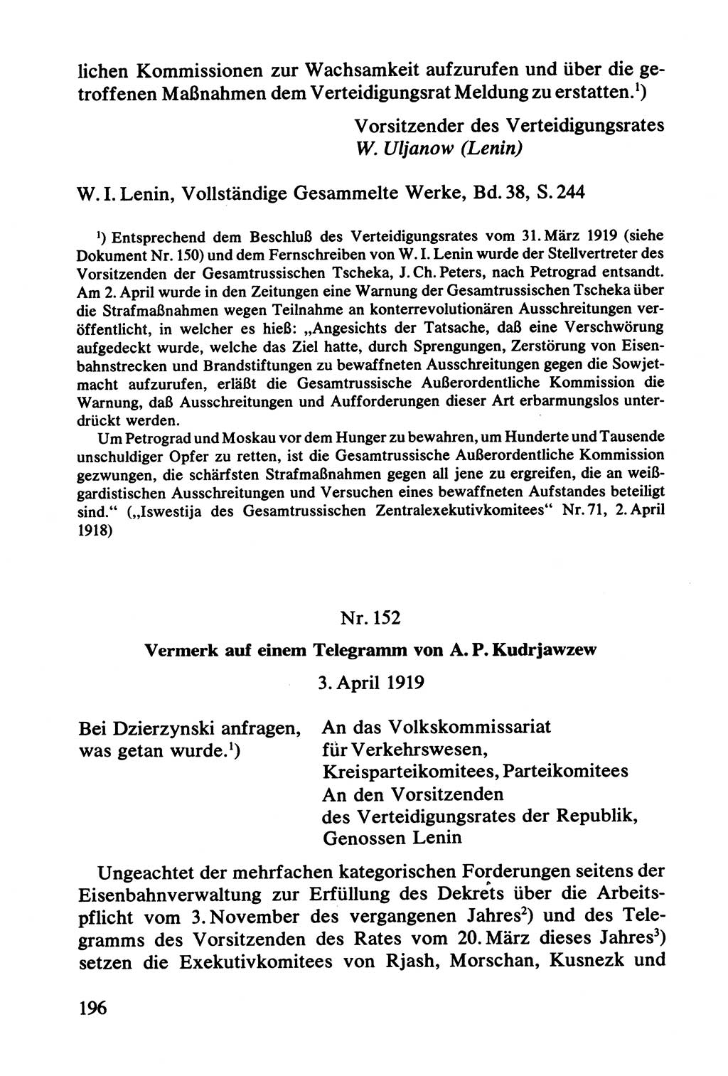 Lenin und die Gesamtrussische Tscheka, Dokumentensammlung, Ministerium für Staatssicherheit (MfS) [Deutsche Demokratische Republik (DDR)], Juristische Hochschule (JHS) Potsdam 1977, Seite 196 (Tscheka Dok. MfS DDR 1977, S. 196)