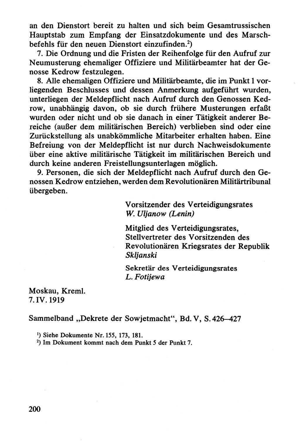 Lenin und die Gesamtrussische Tscheka, Dokumentensammlung, Ministerium für Staatssicherheit (MfS) [Deutsche Demokratische Republik (DDR)], Juristische Hochschule (JHS) Potsdam 1977, Seite 200 (Tscheka Dok. MfS DDR 1977, S. 200)