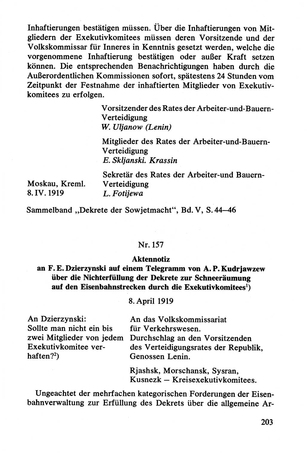 Lenin und die Gesamtrussische Tscheka, Dokumentensammlung, Ministerium für Staatssicherheit (MfS) [Deutsche Demokratische Republik (DDR)], Juristische Hochschule (JHS) Potsdam 1977, Seite 203 (Tscheka Dok. MfS DDR 1977, S. 203)