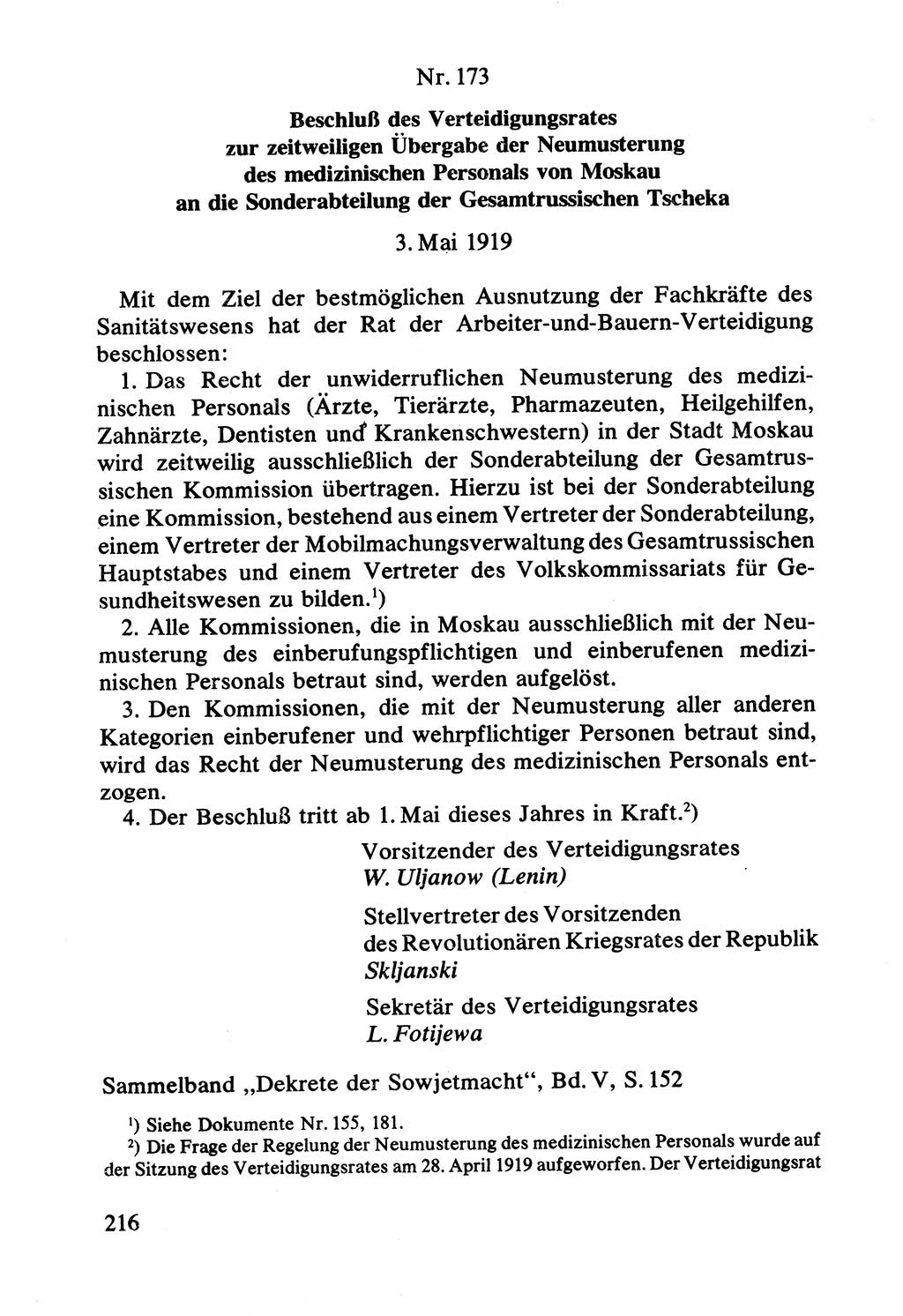 Lenin und die Gesamtrussische Tscheka, Dokumentensammlung, Ministerium für Staatssicherheit (MfS) [Deutsche Demokratische Republik (DDR)], Juristische Hochschule (JHS) Potsdam 1977, Seite 216 (Tscheka Dok. MfS DDR 1977, S. 216)