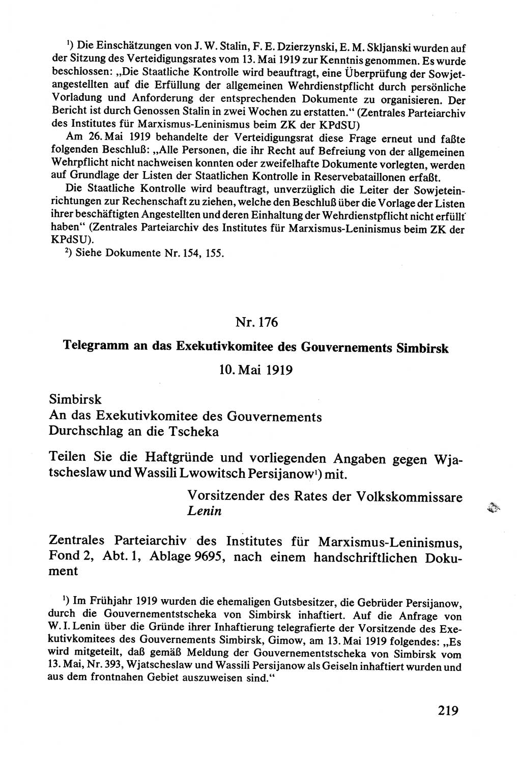 Lenin und die Gesamtrussische Tscheka, Dokumentensammlung, Ministerium für Staatssicherheit (MfS) [Deutsche Demokratische Republik (DDR)], Juristische Hochschule (JHS) Potsdam 1977, Seite 219 (Tscheka Dok. MfS DDR 1977, S. 219)