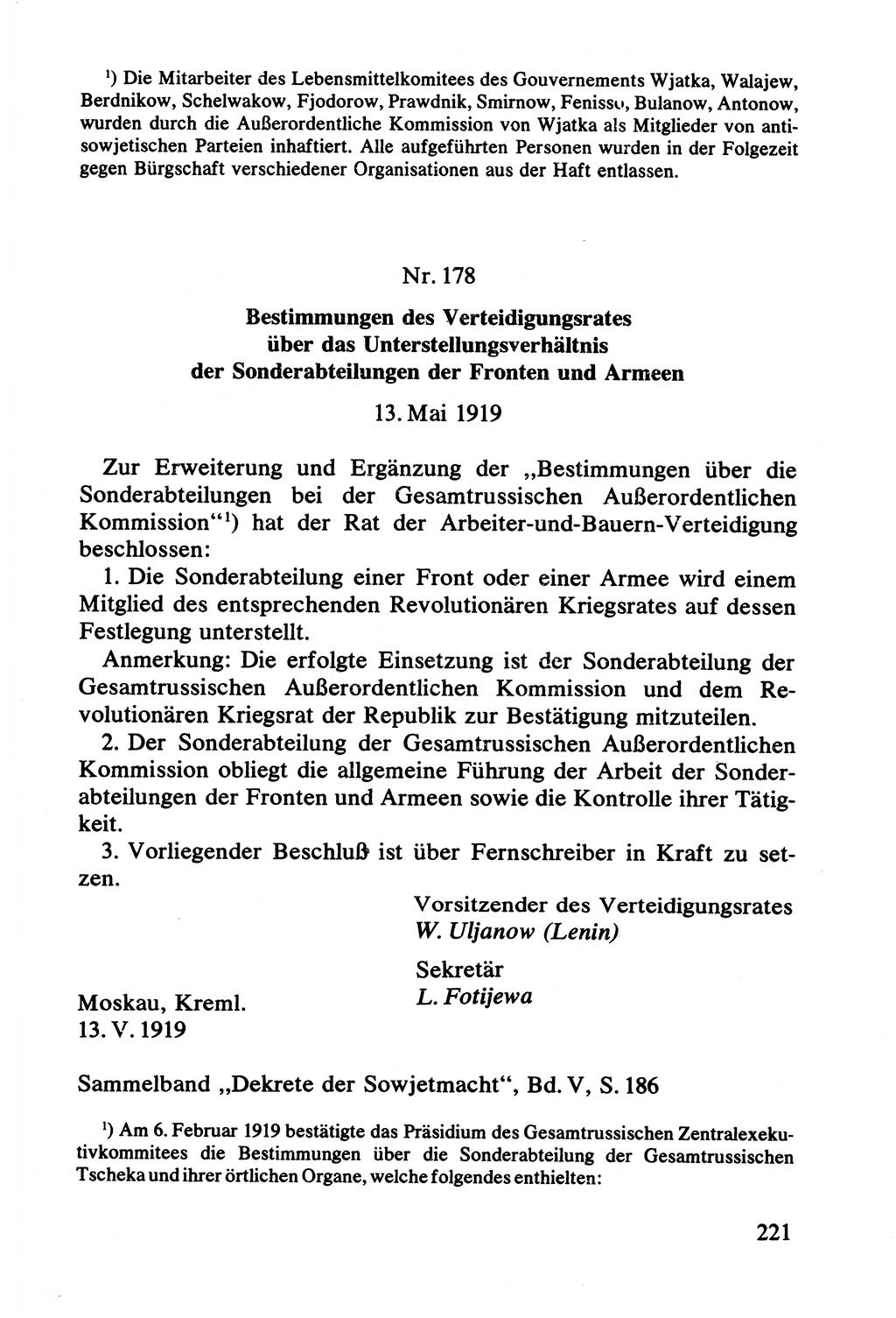 Lenin und die Gesamtrussische Tscheka, Dokumentensammlung, Ministerium für Staatssicherheit (MfS) [Deutsche Demokratische Republik (DDR)], Juristische Hochschule (JHS) Potsdam 1977, Seite 221 (Tscheka Dok. MfS DDR 1977, S. 221)