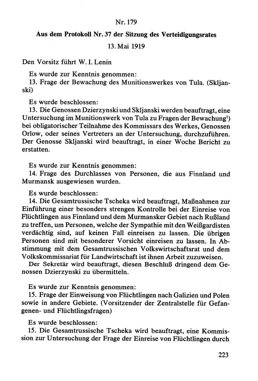 Lenin und die Gesamtrussische Tscheka, Dokumentensammlung, Ministerium für Staatssicherheit (MfS) [Deutsche Demokratische Republik (DDR)], Juristische Hochschule (JHS) Potsdam 1977, Seite 223 (Tscheka Dok. MfS DDR 1977, S. 223)