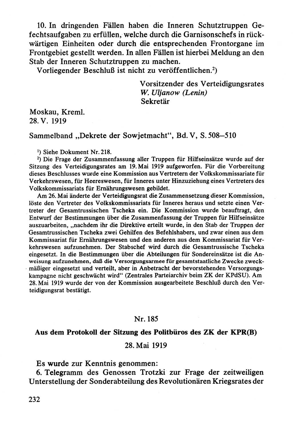 Lenin und die Gesamtrussische Tscheka, Dokumentensammlung, Ministerium für Staatssicherheit (MfS) [Deutsche Demokratische Republik (DDR)], Juristische Hochschule (JHS) Potsdam 1977, Seite 232 (Tscheka Dok. MfS DDR 1977, S. 232)