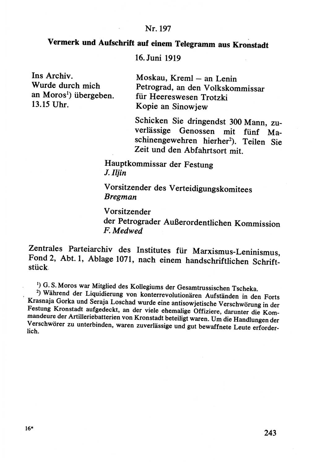 Lenin und die Gesamtrussische Tscheka, Dokumentensammlung, Ministerium für Staatssicherheit (MfS) [Deutsche Demokratische Republik (DDR)], Juristische Hochschule (JHS) Potsdam 1977, Seite 243 (Tscheka Dok. MfS DDR 1977, S. 243)