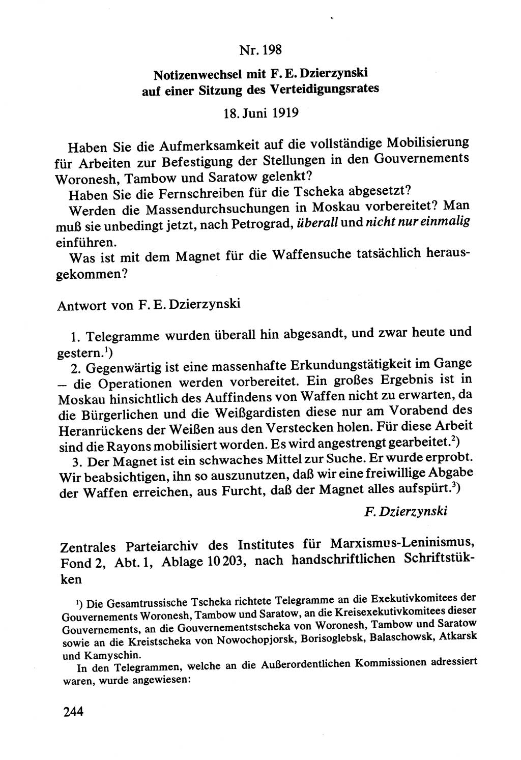 Lenin und die Gesamtrussische Tscheka, Dokumentensammlung, Ministerium für Staatssicherheit (MfS) [Deutsche Demokratische Republik (DDR)], Juristische Hochschule (JHS) Potsdam 1977, Seite 244 (Tscheka Dok. MfS DDR 1977, S. 244)