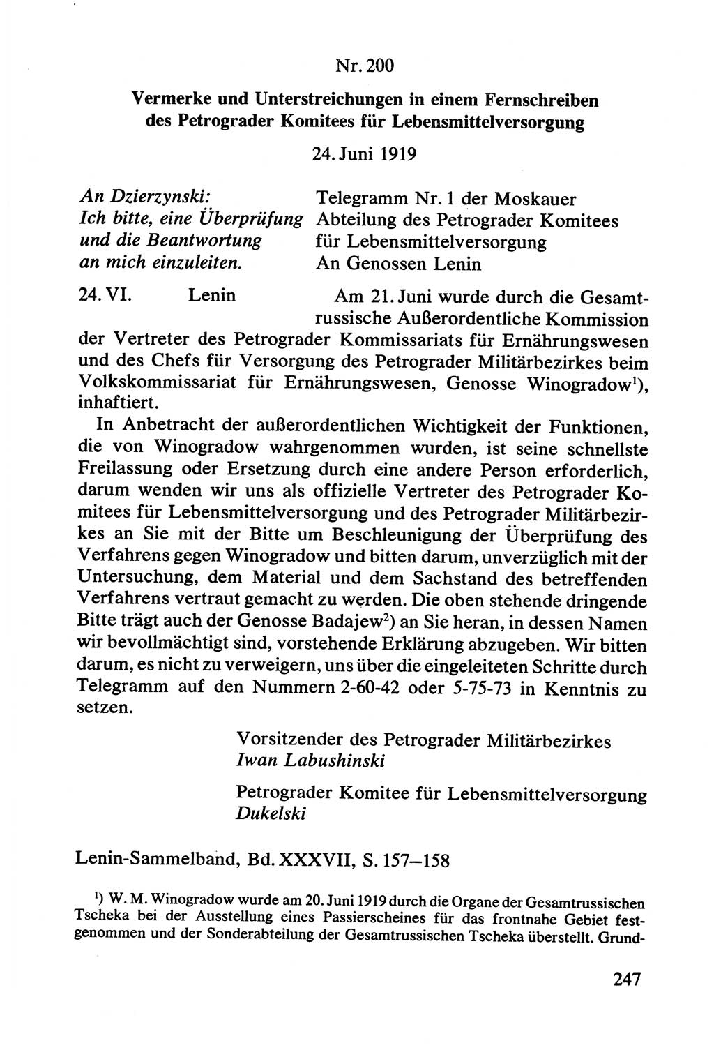 Lenin und die Gesamtrussische Tscheka, Dokumentensammlung, Ministerium für Staatssicherheit (MfS) [Deutsche Demokratische Republik (DDR)], Juristische Hochschule (JHS) Potsdam 1977, Seite 247 (Tscheka Dok. MfS DDR 1977, S. 247)