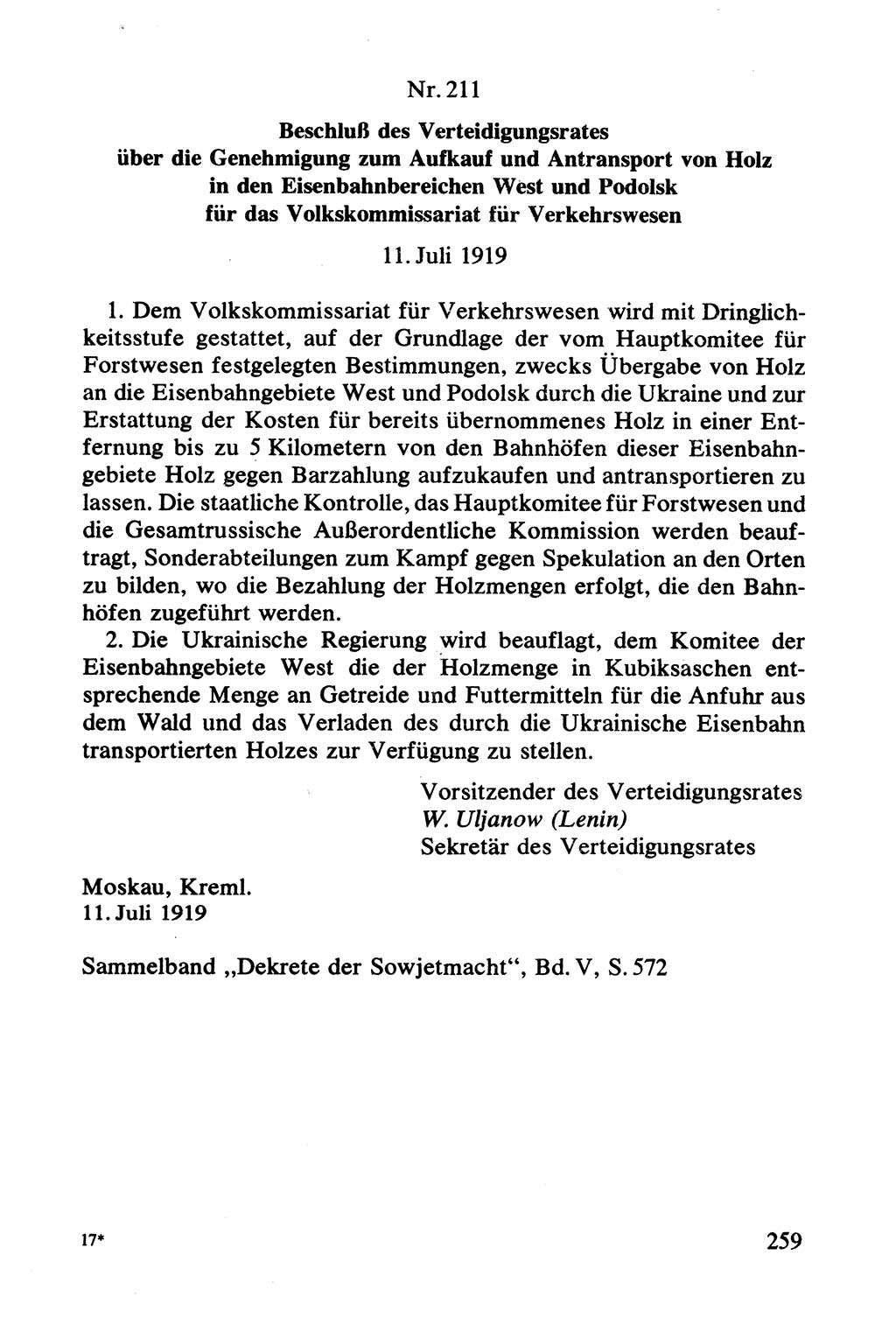 Lenin und die Gesamtrussische Tscheka, Dokumentensammlung, Ministerium für Staatssicherheit (MfS) [Deutsche Demokratische Republik (DDR)], Juristische Hochschule (JHS) Potsdam 1977, Seite 259 (Tscheka Dok. MfS DDR 1977, S. 259)