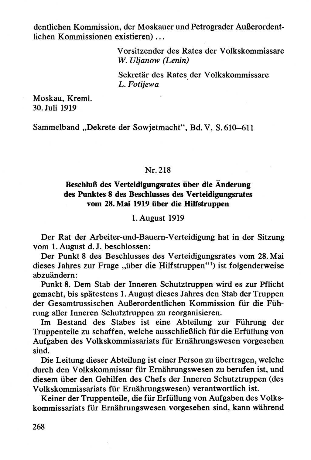 Lenin und die Gesamtrussische Tscheka, Dokumentensammlung, Ministerium für Staatssicherheit (MfS) [Deutsche Demokratische Republik (DDR)], Juristische Hochschule (JHS) Potsdam 1977, Seite 268 (Tscheka Dok. MfS DDR 1977, S. 268)