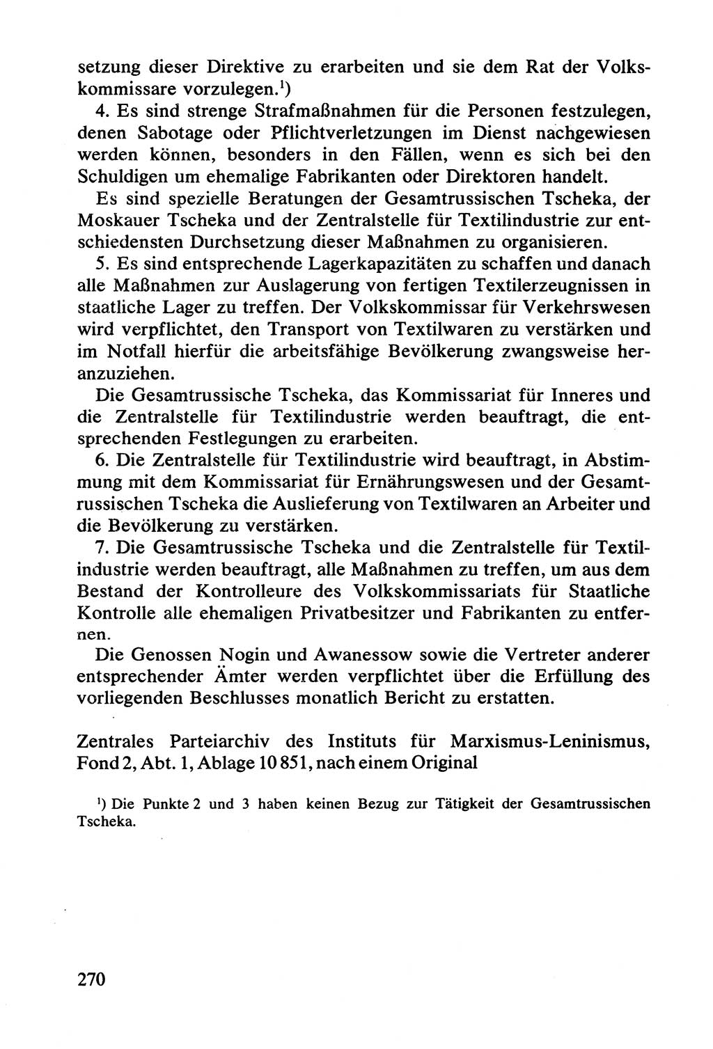 Lenin und die Gesamtrussische Tscheka, Dokumentensammlung, Ministerium für Staatssicherheit (MfS) [Deutsche Demokratische Republik (DDR)], Juristische Hochschule (JHS) Potsdam 1977, Seite 270 (Tscheka Dok. MfS DDR 1977, S. 270)