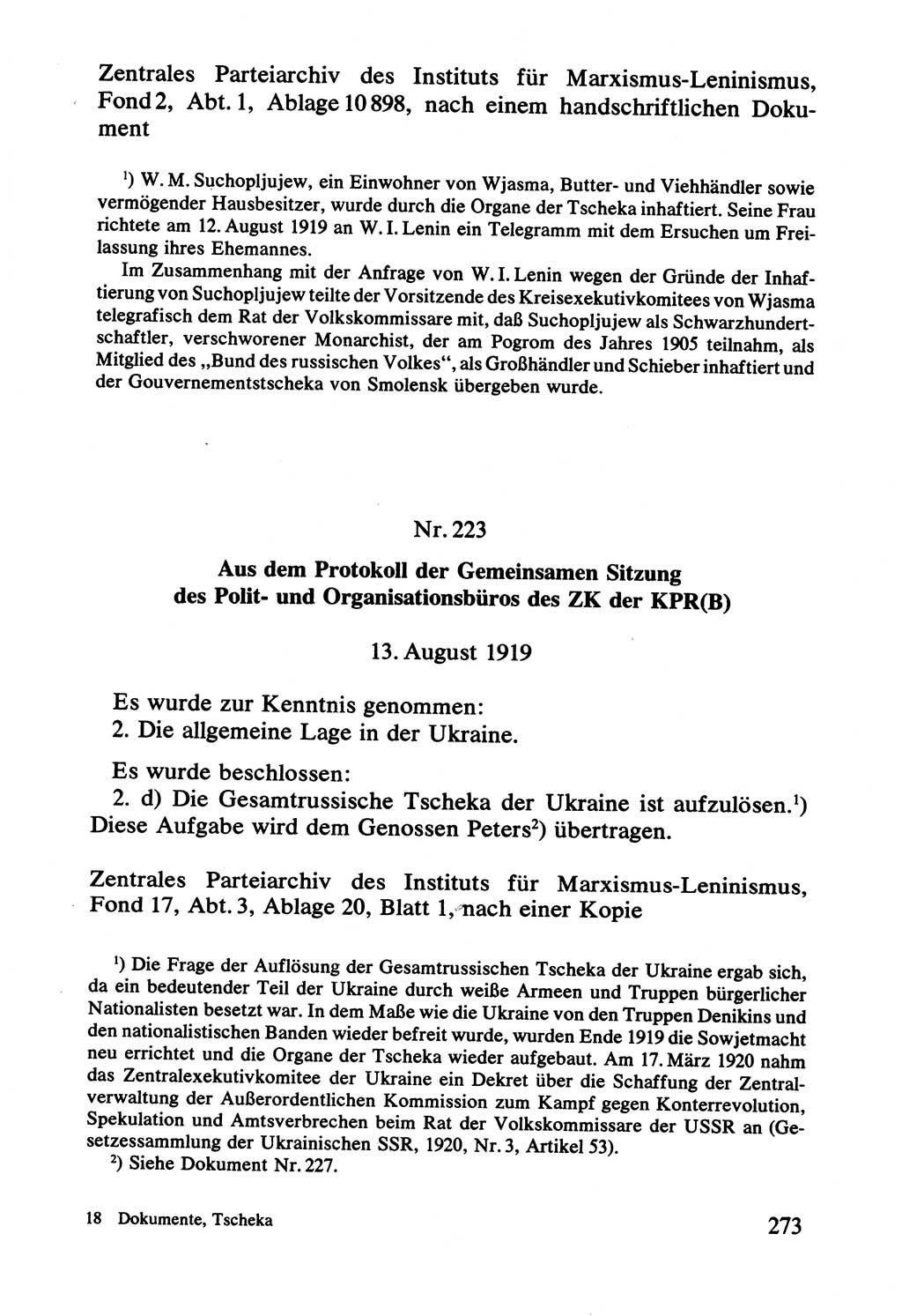 Lenin und die Gesamtrussische Tscheka, Dokumentensammlung, Ministerium für Staatssicherheit (MfS) [Deutsche Demokratische Republik (DDR)], Juristische Hochschule (JHS) Potsdam 1977, Seite 273 (Tscheka Dok. MfS DDR 1977, S. 273)