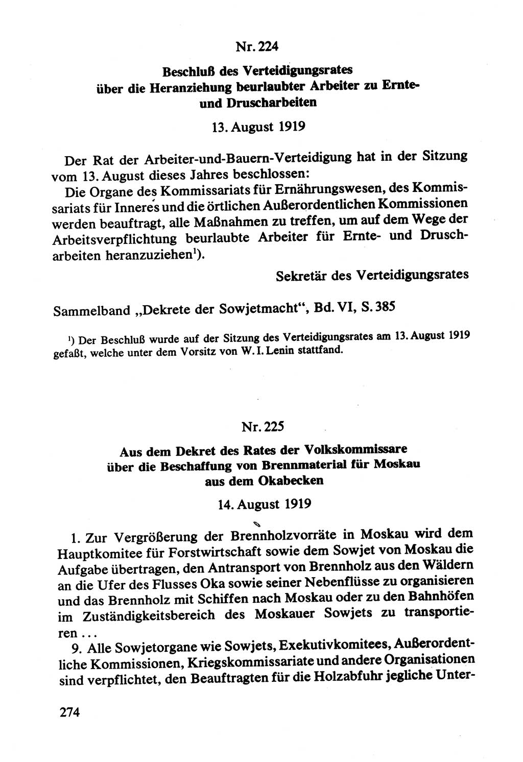 Lenin und die Gesamtrussische Tscheka, Dokumentensammlung, Ministerium für Staatssicherheit (MfS) [Deutsche Demokratische Republik (DDR)], Juristische Hochschule (JHS) Potsdam 1977, Seite 274 (Tscheka Dok. MfS DDR 1977, S. 274)