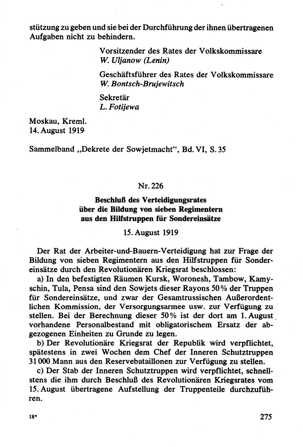 Lenin und die Gesamtrussische Tscheka, Dokumentensammlung, Ministerium für Staatssicherheit (MfS) [Deutsche Demokratische Republik (DDR)], Juristische Hochschule (JHS) Potsdam 1977, Seite 275 (Tscheka Dok. MfS DDR 1977, S. 275)