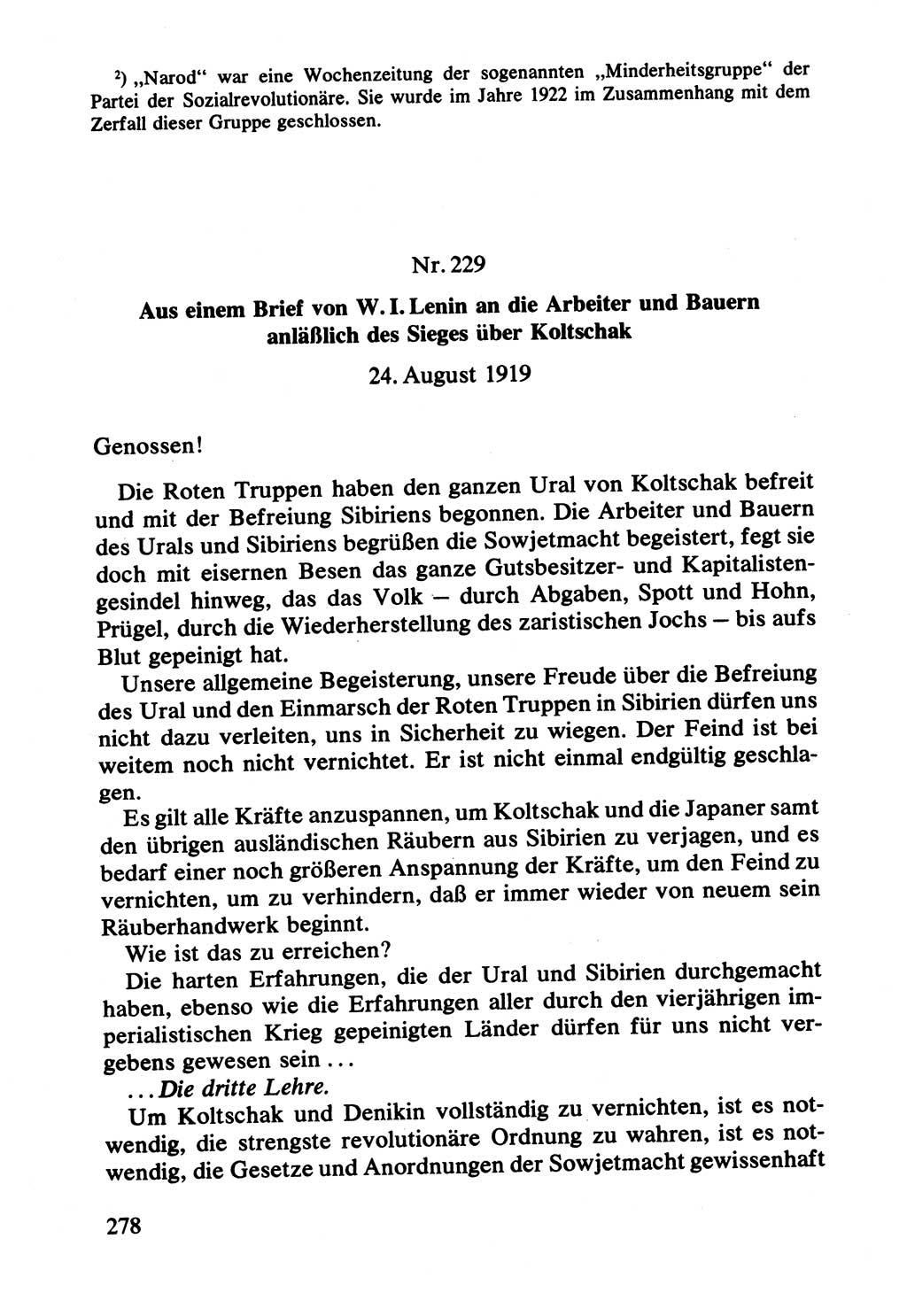 Lenin und die Gesamtrussische Tscheka, Dokumentensammlung, Ministerium für Staatssicherheit (MfS) [Deutsche Demokratische Republik (DDR)], Juristische Hochschule (JHS) Potsdam 1977, Seite 278 (Tscheka Dok. MfS DDR 1977, S. 278)