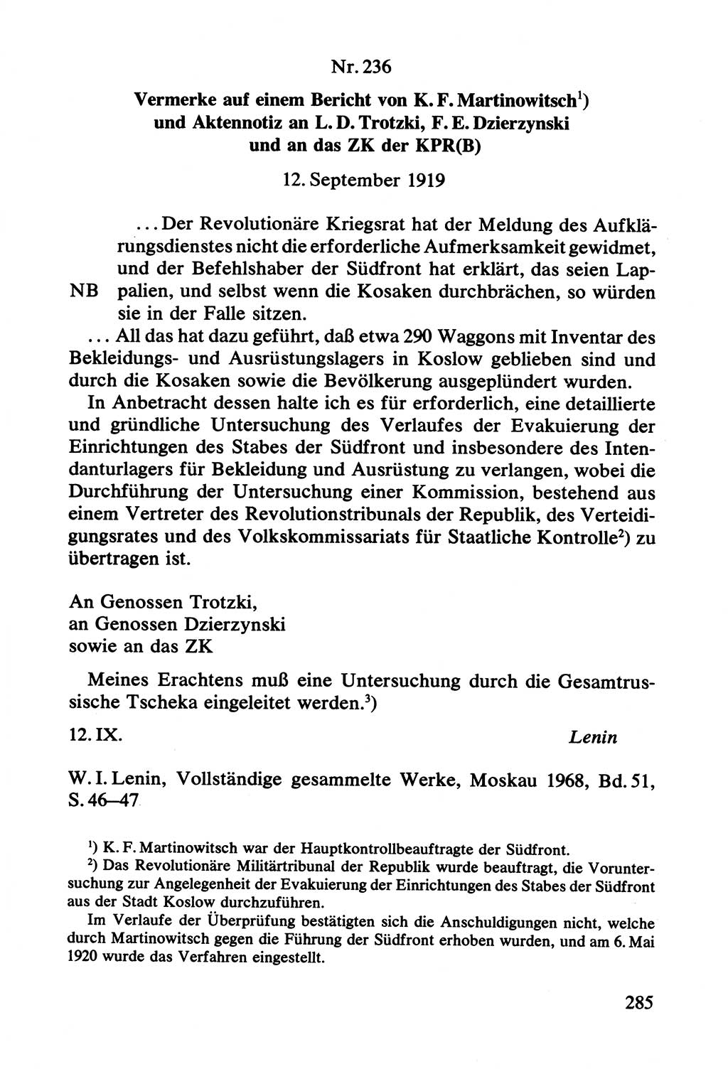 Lenin und die Gesamtrussische Tscheka, Dokumentensammlung, Ministerium für Staatssicherheit (MfS) [Deutsche Demokratische Republik (DDR)], Juristische Hochschule (JHS) Potsdam 1977, Seite 285 (Tscheka Dok. MfS DDR 1977, S. 285)