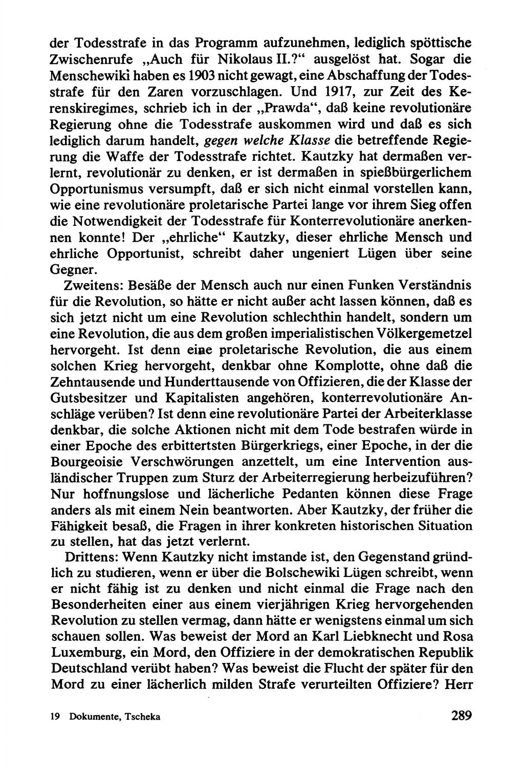 Lenin und die Gesamtrussische Tscheka, Dokumentensammlung, Ministerium für Staatssicherheit (MfS) [Deutsche Demokratische Republik (DDR)], Juristische Hochschule (JHS) Potsdam 1977, Seite 289 (Tscheka Dok. MfS DDR 1977, S. 289)