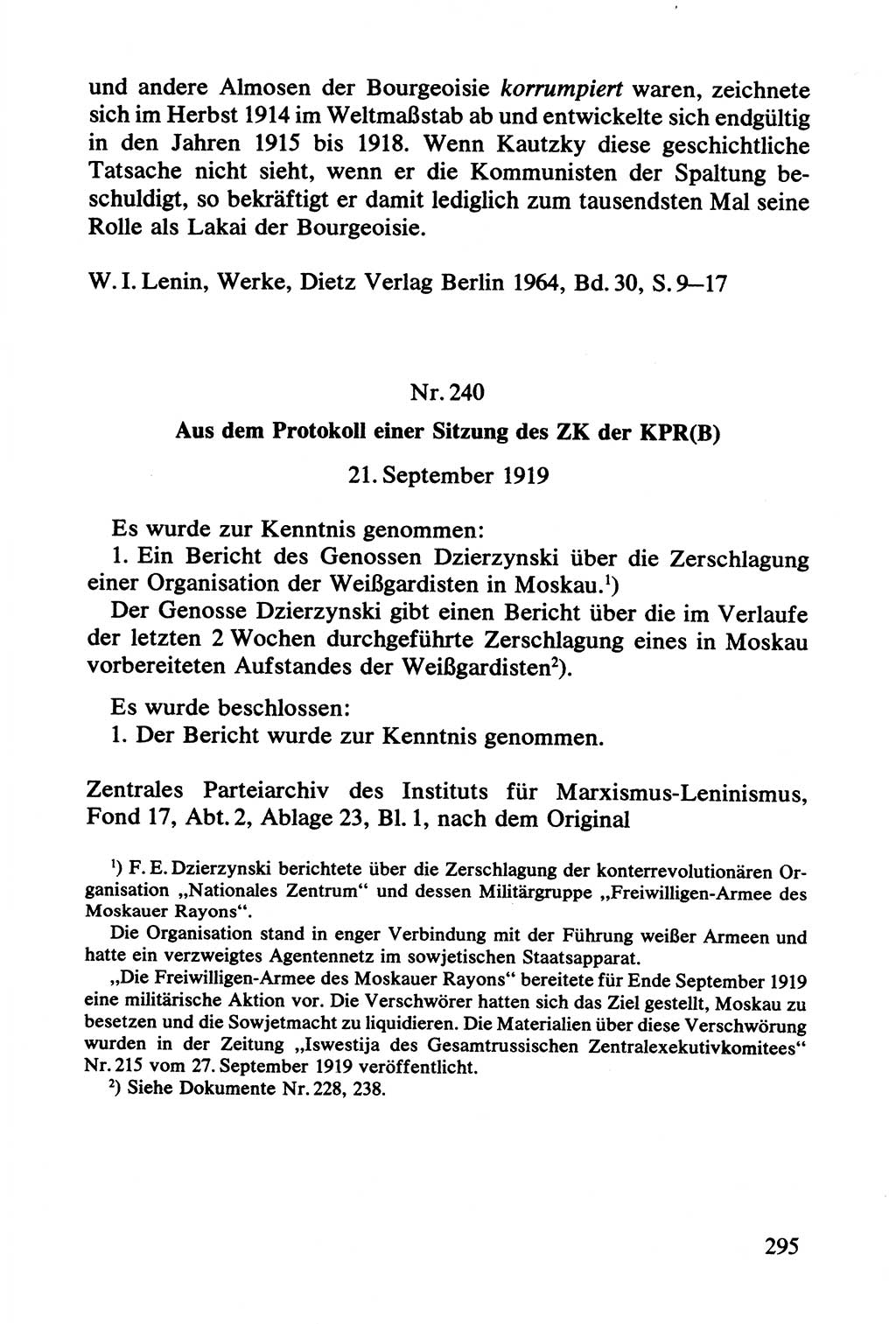 Lenin und die Gesamtrussische Tscheka, Dokumentensammlung, Ministerium für Staatssicherheit (MfS) [Deutsche Demokratische Republik (DDR)], Juristische Hochschule (JHS) Potsdam 1977, Seite 295 (Tscheka Dok. MfS DDR 1977, S. 295)