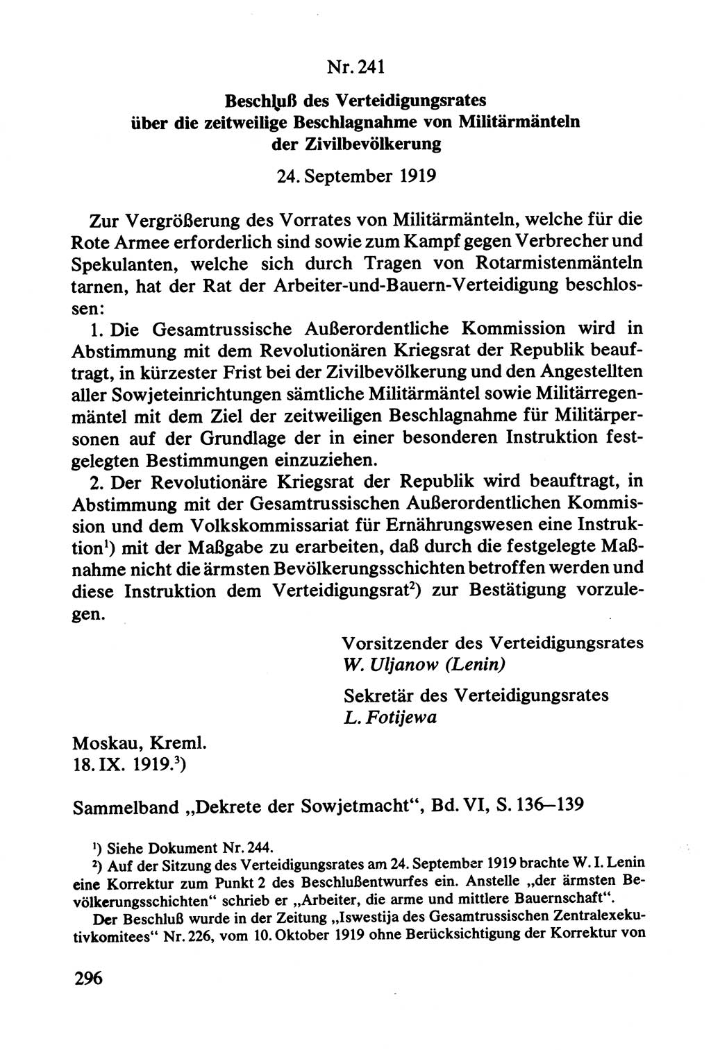 Lenin und die Gesamtrussische Tscheka, Dokumentensammlung, Ministerium für Staatssicherheit (MfS) [Deutsche Demokratische Republik (DDR)], Juristische Hochschule (JHS) Potsdam 1977, Seite 296 (Tscheka Dok. MfS DDR 1977, S. 296)