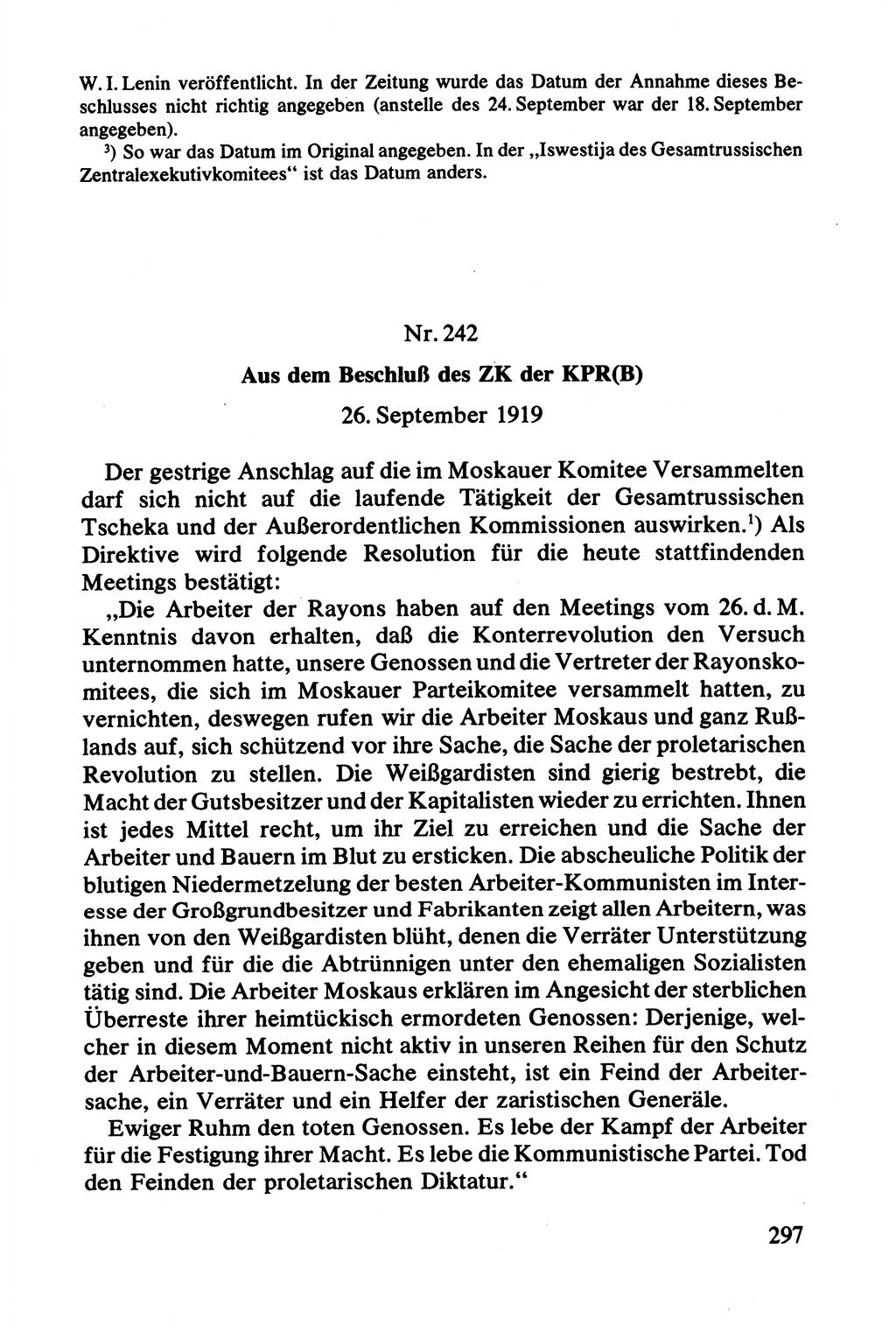 Lenin und die Gesamtrussische Tscheka, Dokumentensammlung, Ministerium für Staatssicherheit (MfS) [Deutsche Demokratische Republik (DDR)], Juristische Hochschule (JHS) Potsdam 1977, Seite 297 (Tscheka Dok. MfS DDR 1977, S. 297)