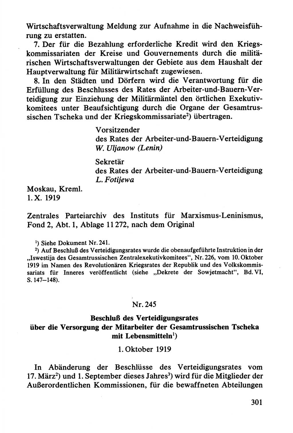 Lenin und die Gesamtrussische Tscheka, Dokumentensammlung, Ministerium für Staatssicherheit (MfS) [Deutsche Demokratische Republik (DDR)], Juristische Hochschule (JHS) Potsdam 1977, Seite 301 (Tscheka Dok. MfS DDR 1977, S. 301)