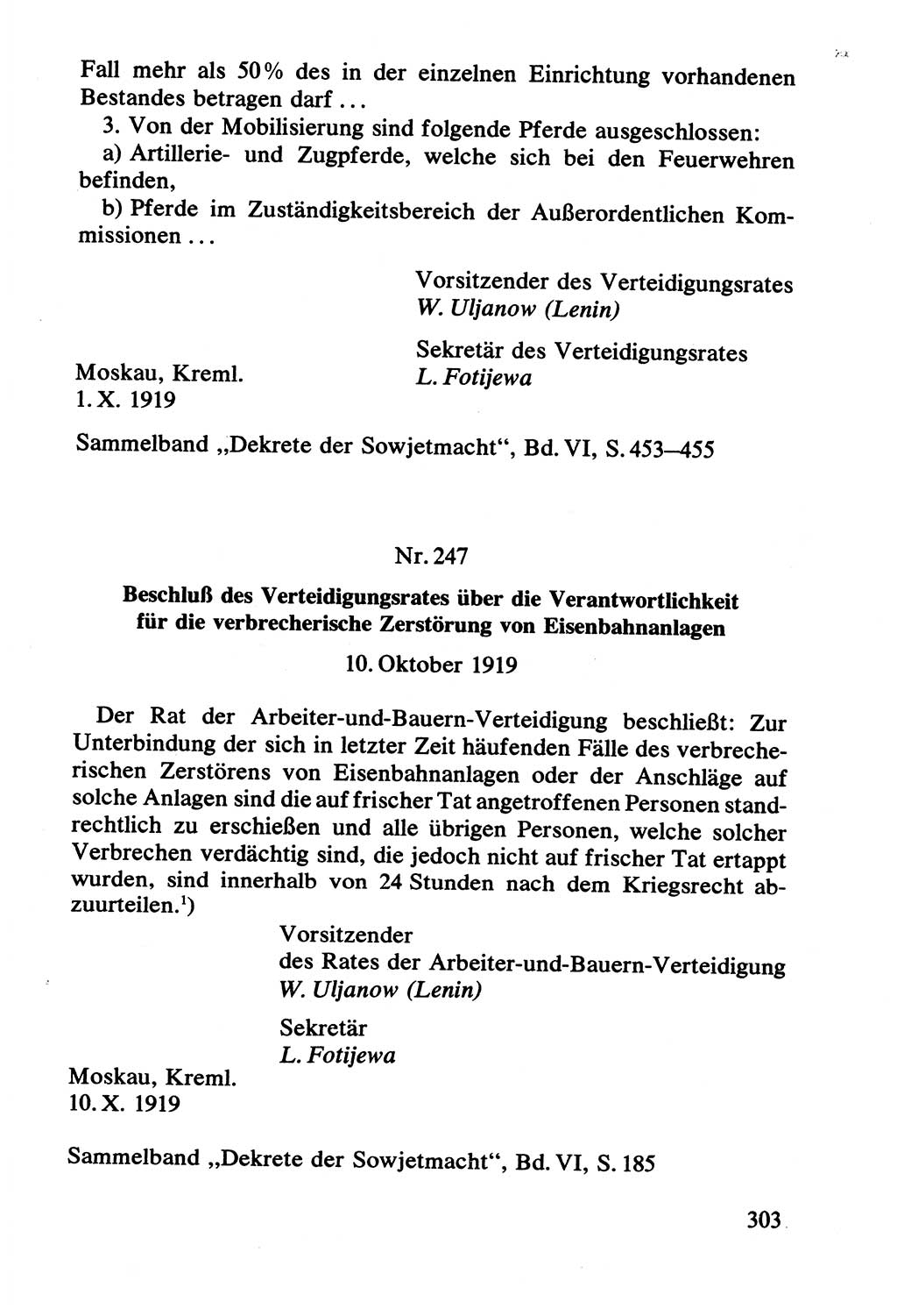 Lenin und die Gesamtrussische Tscheka, Dokumentensammlung, Ministerium für Staatssicherheit (MfS) [Deutsche Demokratische Republik (DDR)], Juristische Hochschule (JHS) Potsdam 1977, Seite 303 (Tscheka Dok. MfS DDR 1977, S. 303)