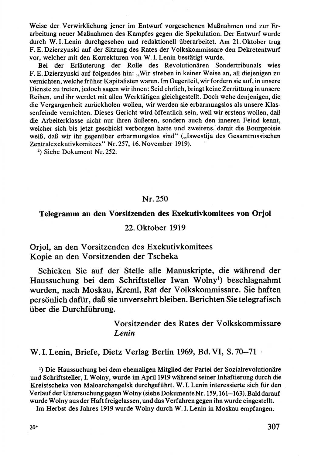 Lenin und die Gesamtrussische Tscheka, Dokumentensammlung, Ministerium für Staatssicherheit (MfS) [Deutsche Demokratische Republik (DDR)], Juristische Hochschule (JHS) Potsdam 1977, Seite 307 (Tscheka Dok. MfS DDR 1977, S. 307)