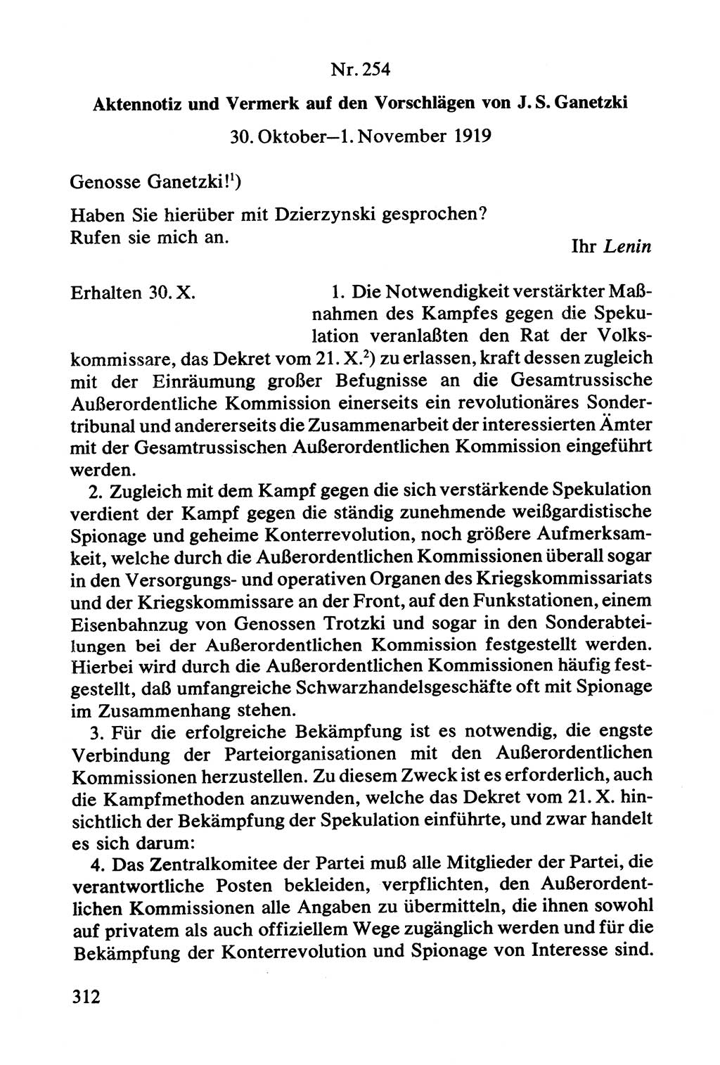 Lenin und die Gesamtrussische Tscheka, Dokumentensammlung, Ministerium für Staatssicherheit (MfS) [Deutsche Demokratische Republik (DDR)], Juristische Hochschule (JHS) Potsdam 1977, Seite 312 (Tscheka Dok. MfS DDR 1977, S. 312)