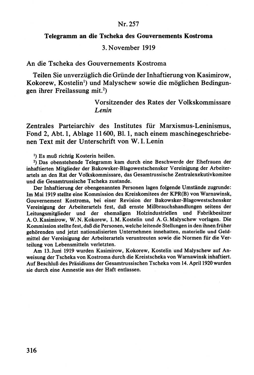 Lenin und die Gesamtrussische Tscheka, Dokumentensammlung, Ministerium für Staatssicherheit (MfS) [Deutsche Demokratische Republik (DDR)], Juristische Hochschule (JHS) Potsdam 1977, Seite 316 (Tscheka Dok. MfS DDR 1977, S. 316)