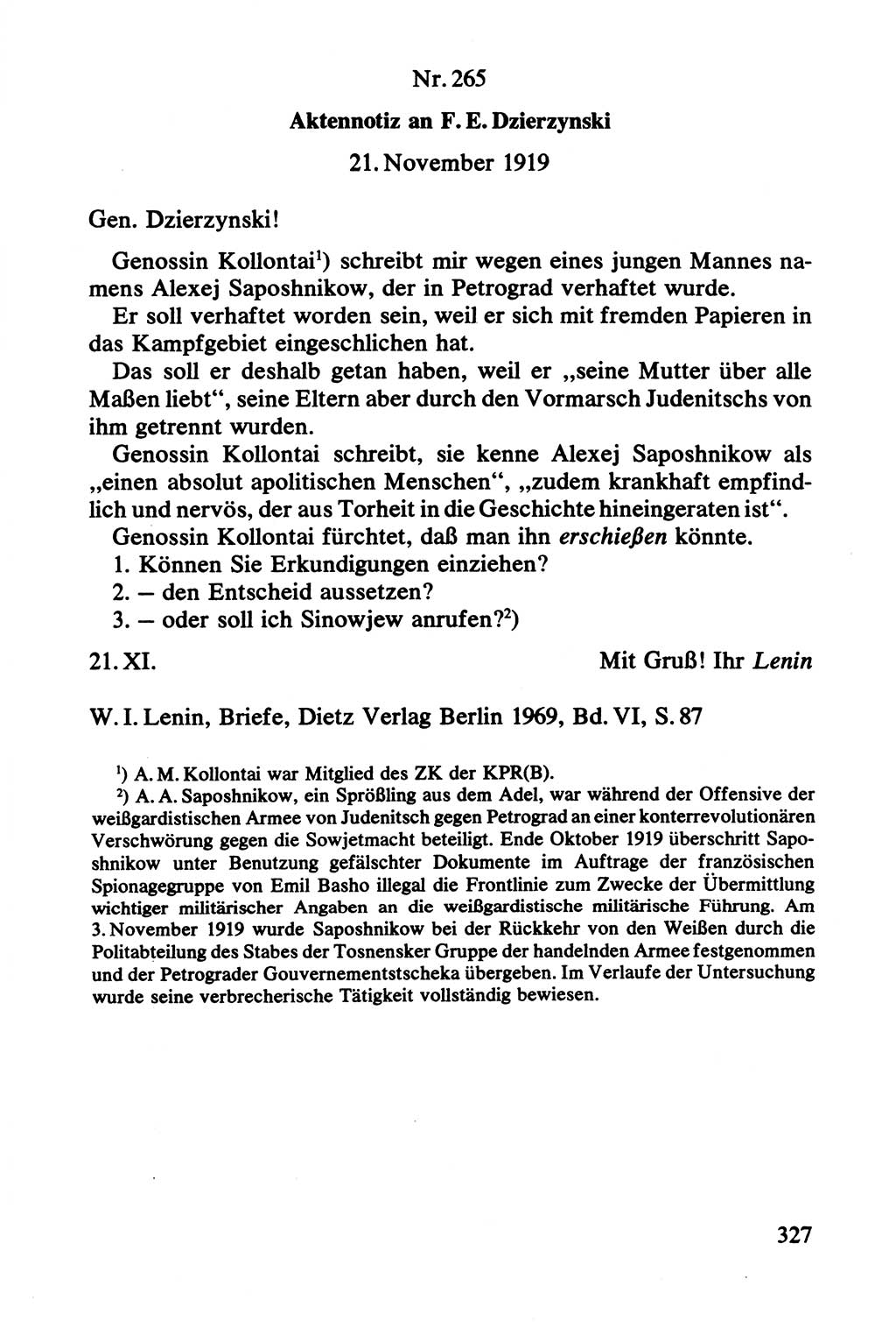 Lenin und die Gesamtrussische Tscheka, Dokumentensammlung, Ministerium für Staatssicherheit (MfS) [Deutsche Demokratische Republik (DDR)], Juristische Hochschule (JHS) Potsdam 1977, Seite 327 (Tscheka Dok. MfS DDR 1977, S. 327)