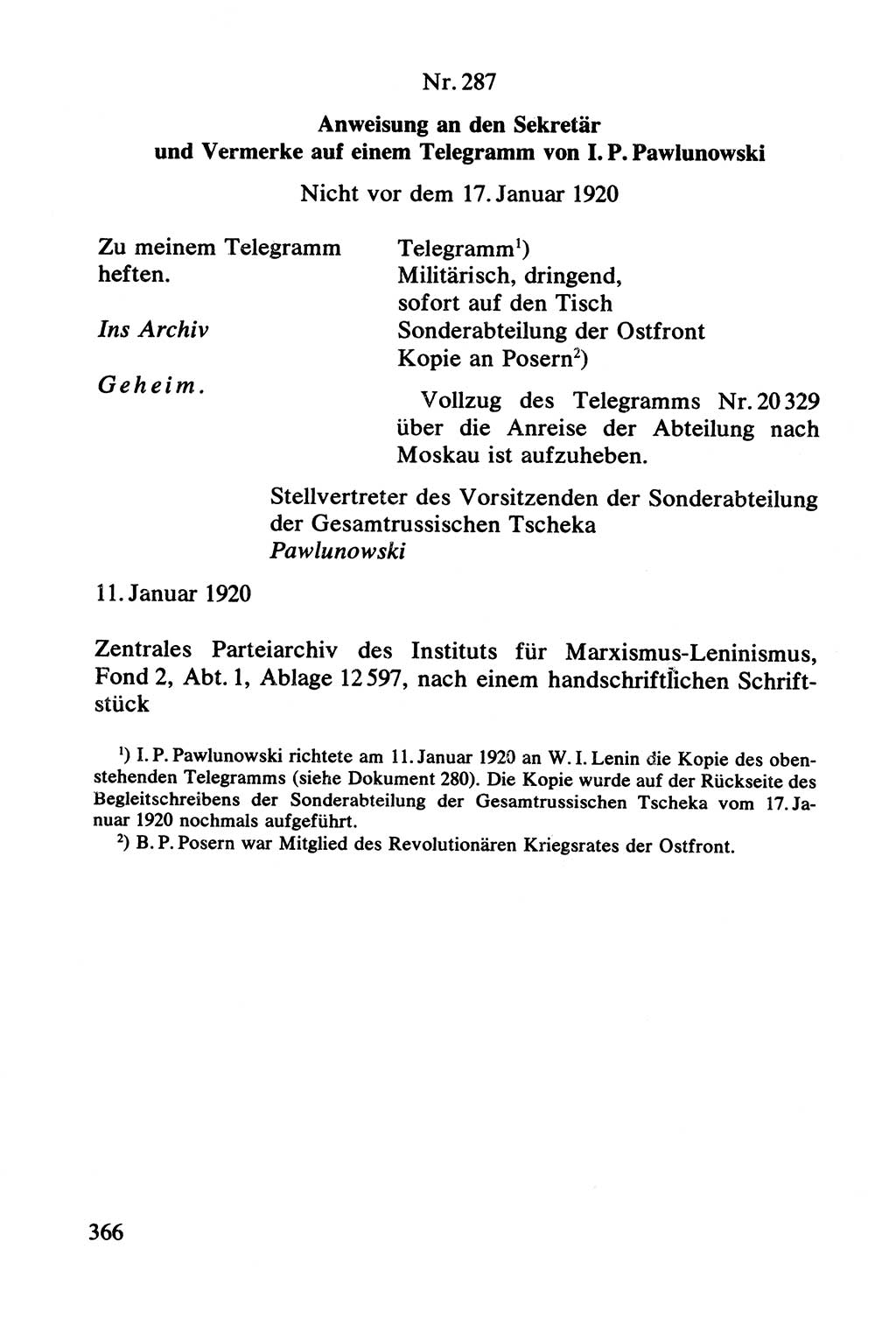 Lenin und die Gesamtrussische Tscheka, Dokumentensammlung, Ministerium für Staatssicherheit (MfS) [Deutsche Demokratische Republik (DDR)], Juristische Hochschule (JHS) Potsdam 1977, Seite 366 (Tscheka Dok. MfS DDR 1977, S. 366)