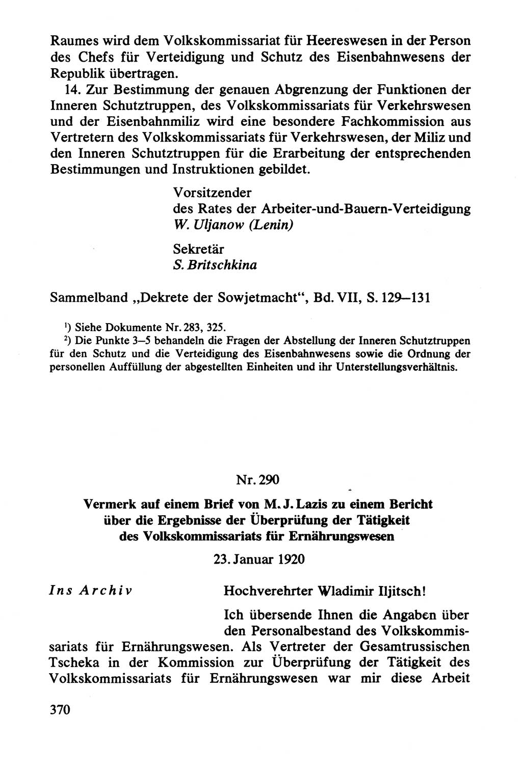 Lenin und die Gesamtrussische Tscheka, Dokumentensammlung, Ministerium für Staatssicherheit (MfS) [Deutsche Demokratische Republik (DDR)], Juristische Hochschule (JHS) Potsdam 1977, Seite 370 (Tscheka Dok. MfS DDR 1977, S. 370)