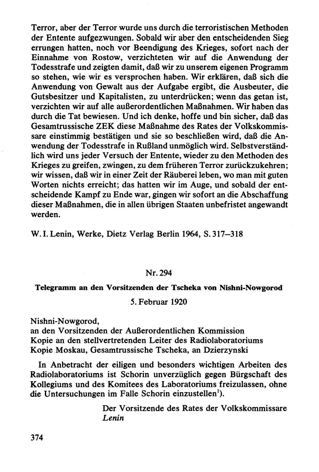 Lenin und die Gesamtrussische Tscheka, Dokumentensammlung, Ministerium für Staatssicherheit (MfS) [Deutsche Demokratische Republik (DDR)], Juristische Hochschule (JHS) Potsdam 1977, Seite 374 (Tscheka Dok. MfS DDR 1977, S. 374)