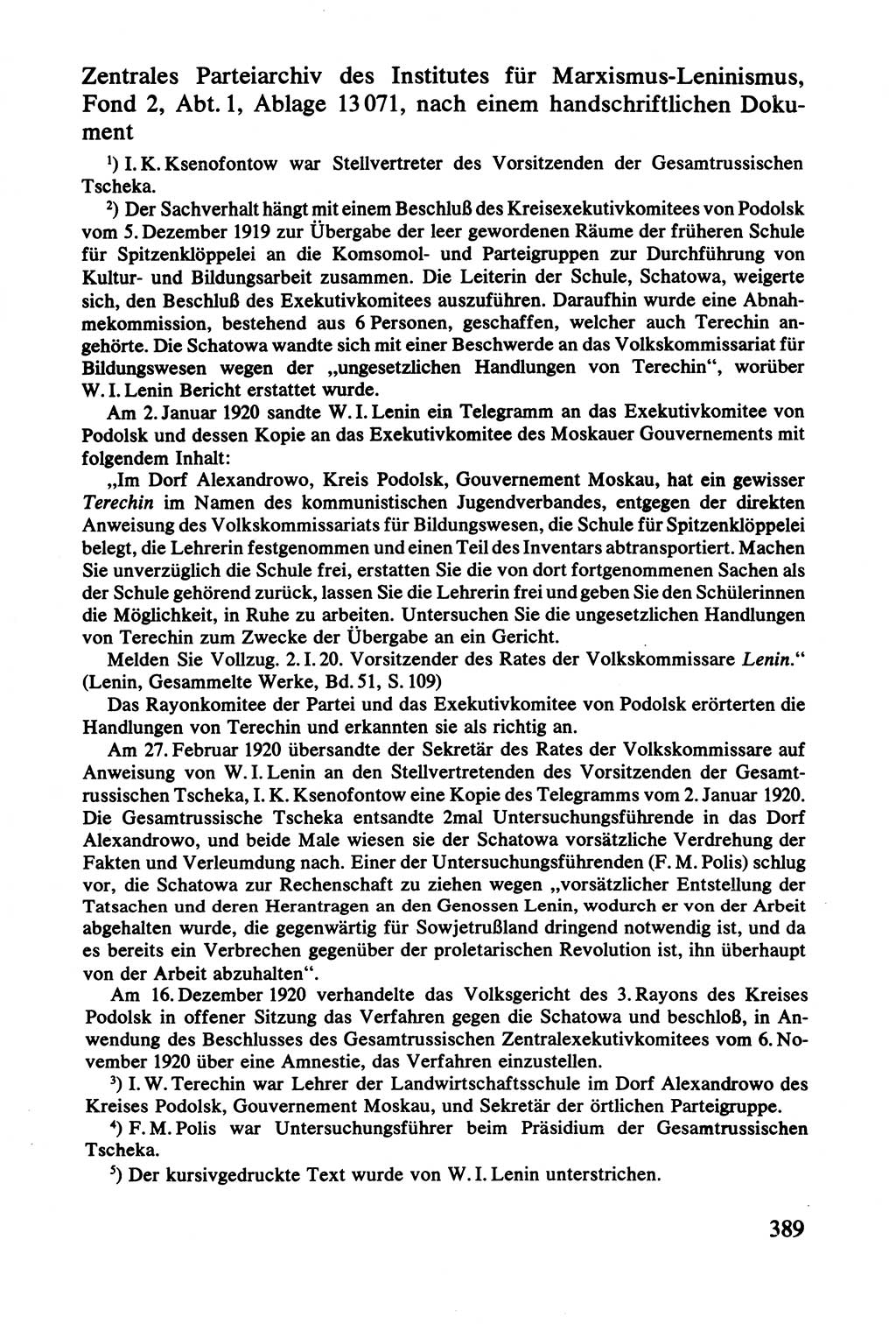 Lenin und die Gesamtrussische Tscheka, Dokumentensammlung, Ministerium für Staatssicherheit (MfS) [Deutsche Demokratische Republik (DDR)], Juristische Hochschule (JHS) Potsdam 1977, Seite 389 (Tscheka Dok. MfS DDR 1977, S. 389)