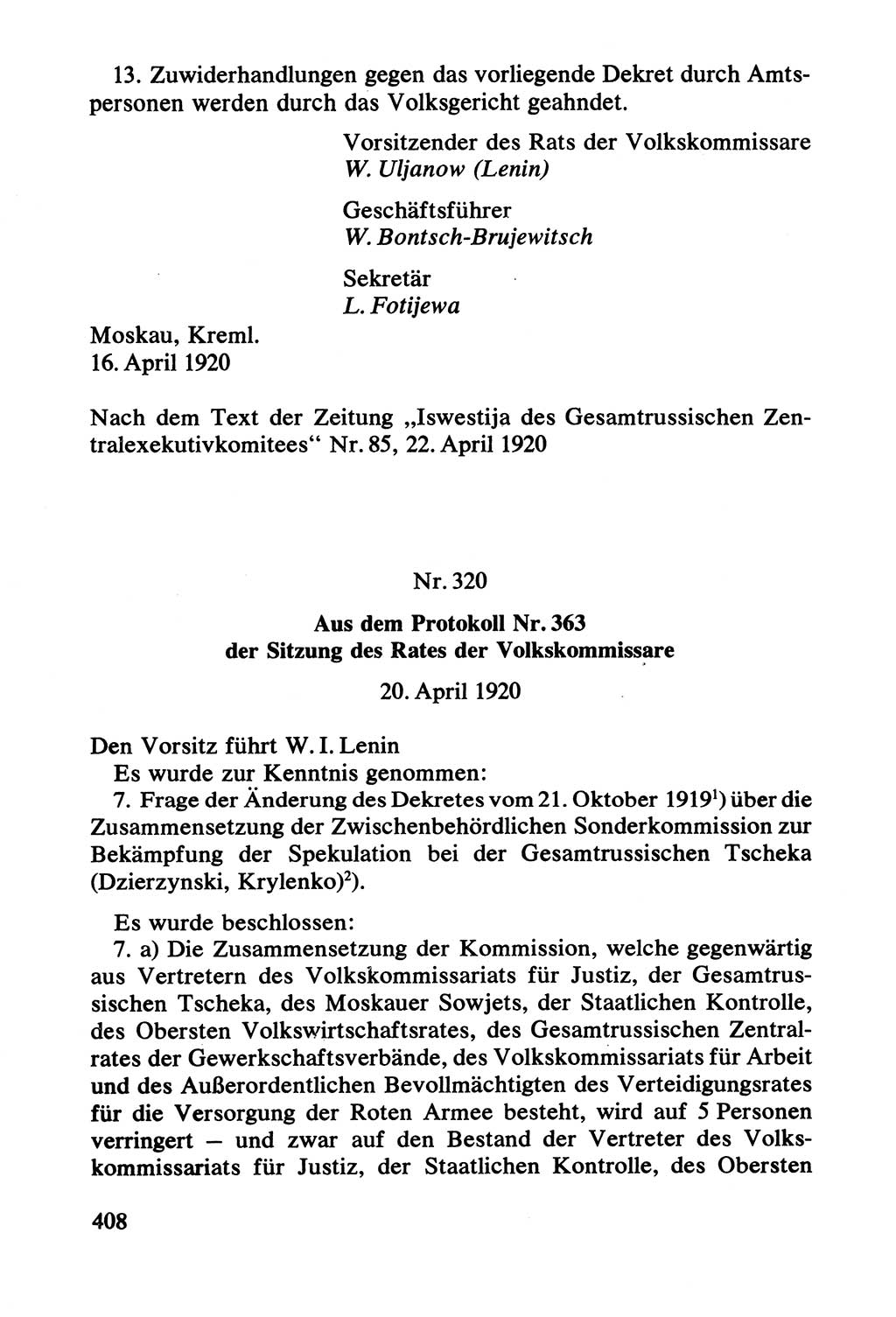 Lenin und die Gesamtrussische Tscheka, Dokumentensammlung, Ministerium für Staatssicherheit (MfS) [Deutsche Demokratische Republik (DDR)], Juristische Hochschule (JHS) Potsdam 1977, Seite 408 (Tscheka Dok. MfS DDR 1977, S. 408)