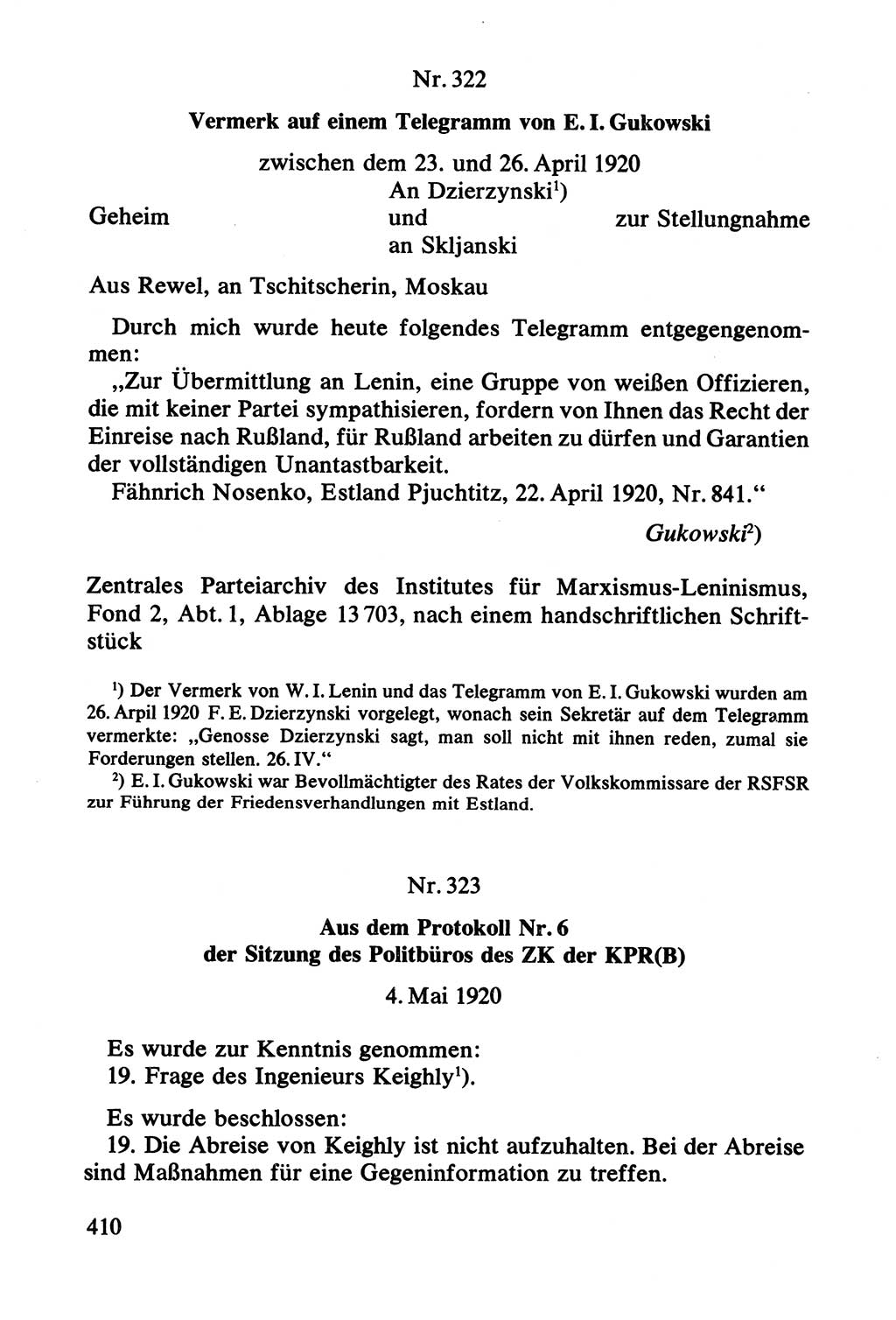 Lenin und die Gesamtrussische Tscheka, Dokumentensammlung, Ministerium für Staatssicherheit (MfS) [Deutsche Demokratische Republik (DDR)], Juristische Hochschule (JHS) Potsdam 1977, Seite 410 (Tscheka Dok. MfS DDR 1977, S. 410)