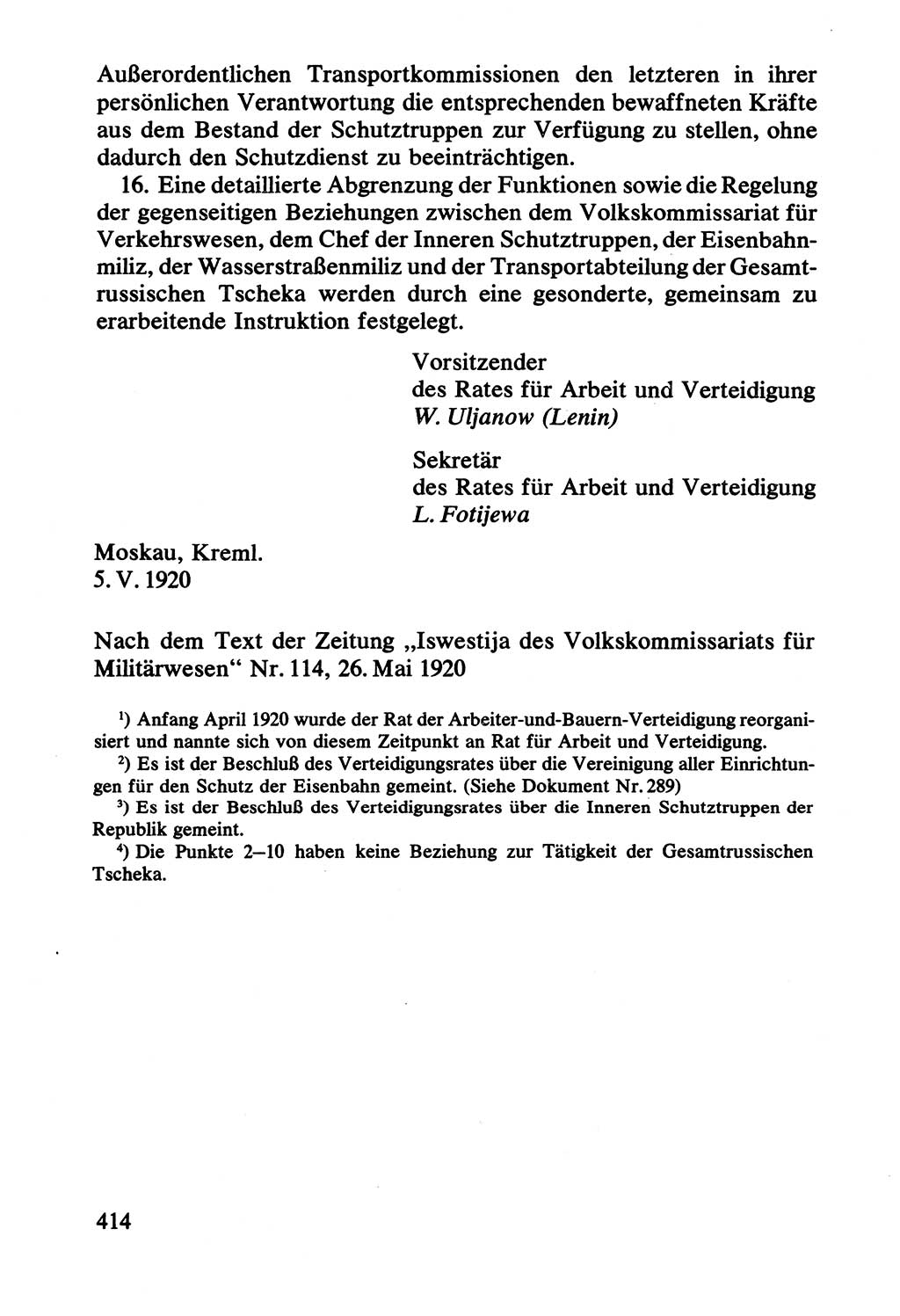 Lenin und die Gesamtrussische Tscheka, Dokumentensammlung, Ministerium für Staatssicherheit (MfS) [Deutsche Demokratische Republik (DDR)], Juristische Hochschule (JHS) Potsdam 1977, Seite 414 (Tscheka Dok. MfS DDR 1977, S. 414)