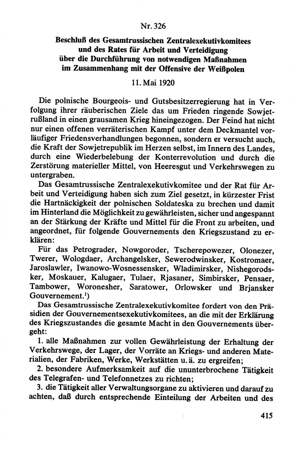 Lenin und die Gesamtrussische Tscheka, Dokumentensammlung, Ministerium für Staatssicherheit (MfS) [Deutsche Demokratische Republik (DDR)], Juristische Hochschule (JHS) Potsdam 1977, Seite 415 (Tscheka Dok. MfS DDR 1977, S. 415)